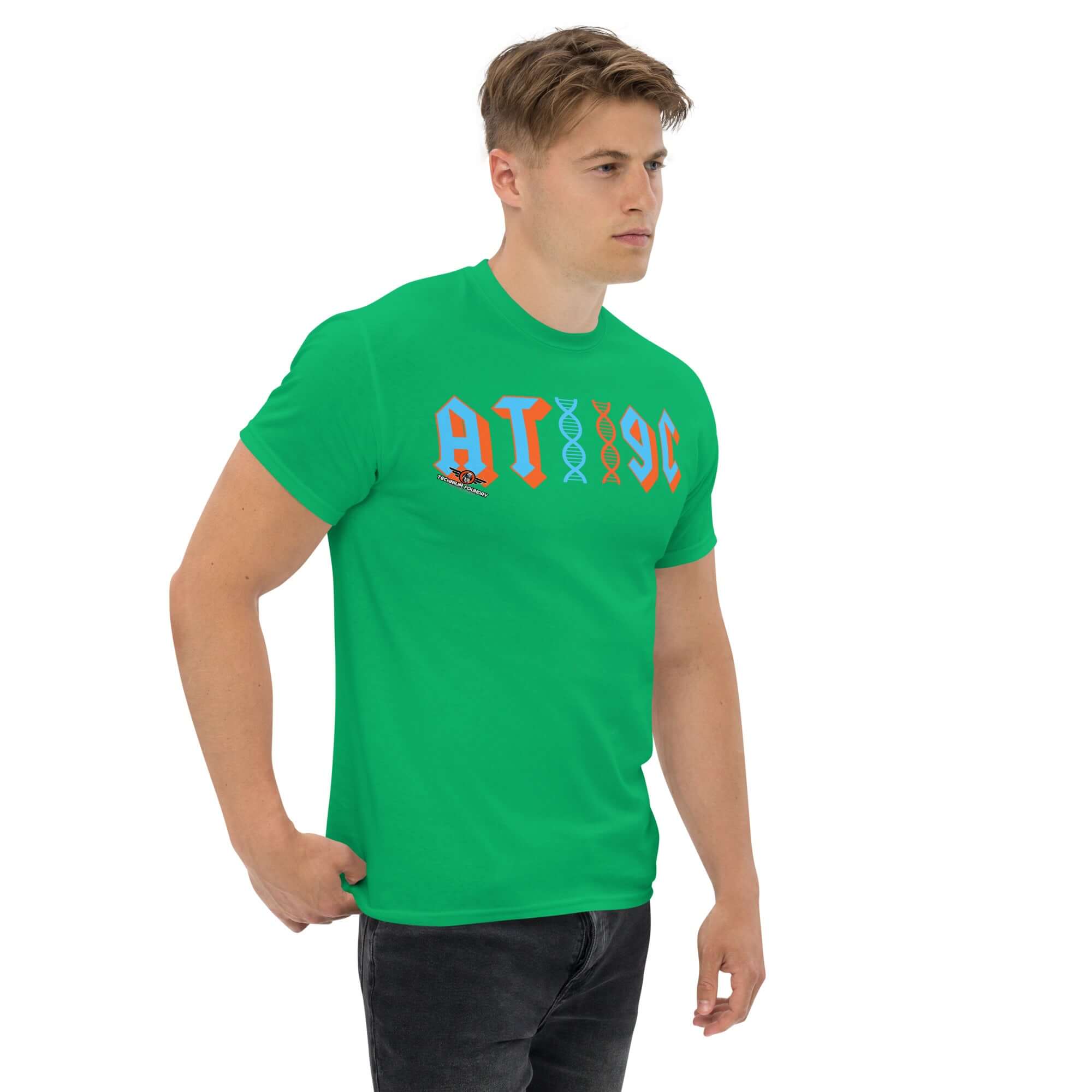 Man wearing AT/GC Rock Band DNA T-Shirt with metal band typography and DNA helix design, green color.
