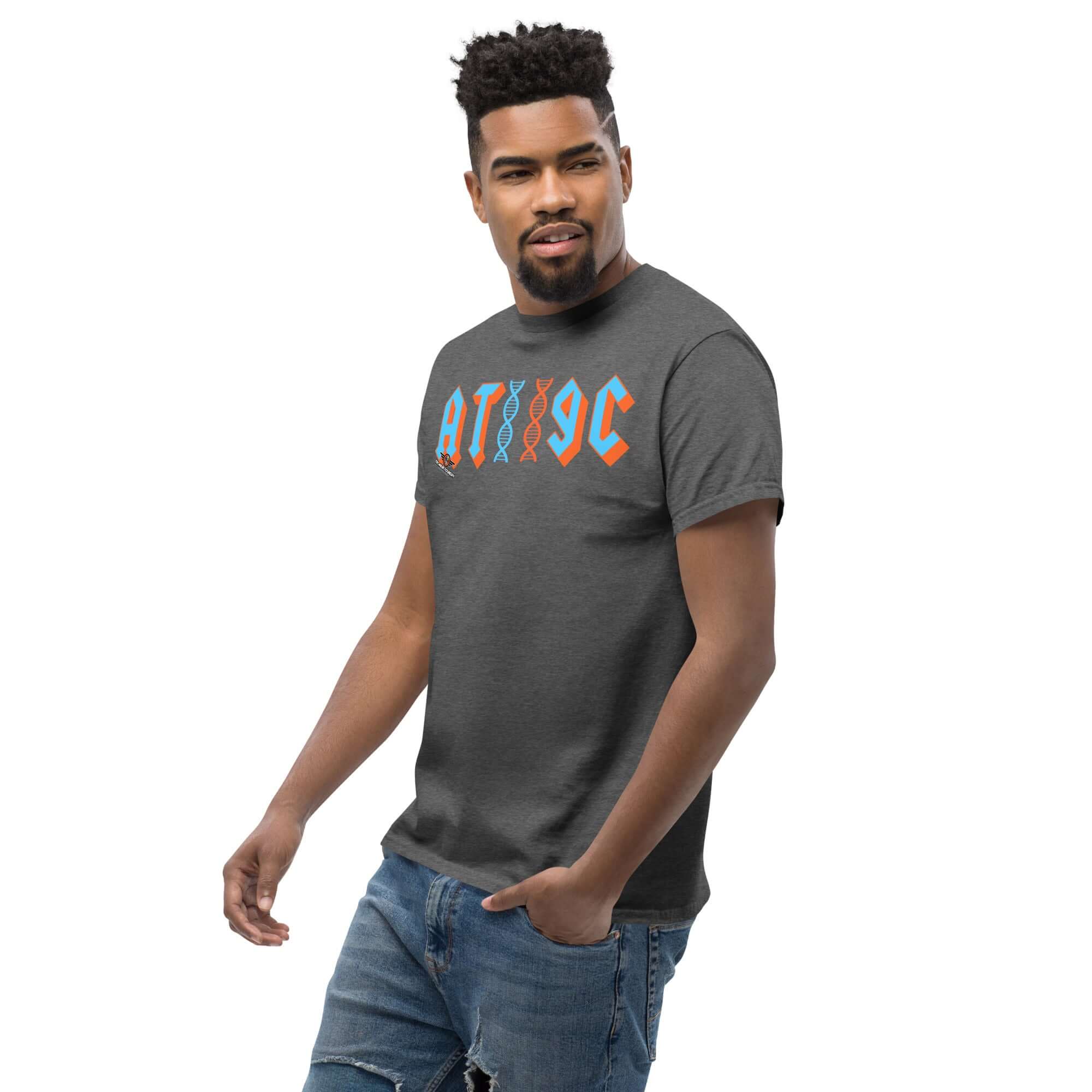Man wearing AT/GC DNA rock band t-shirt with genetics science humor design in metal band style.