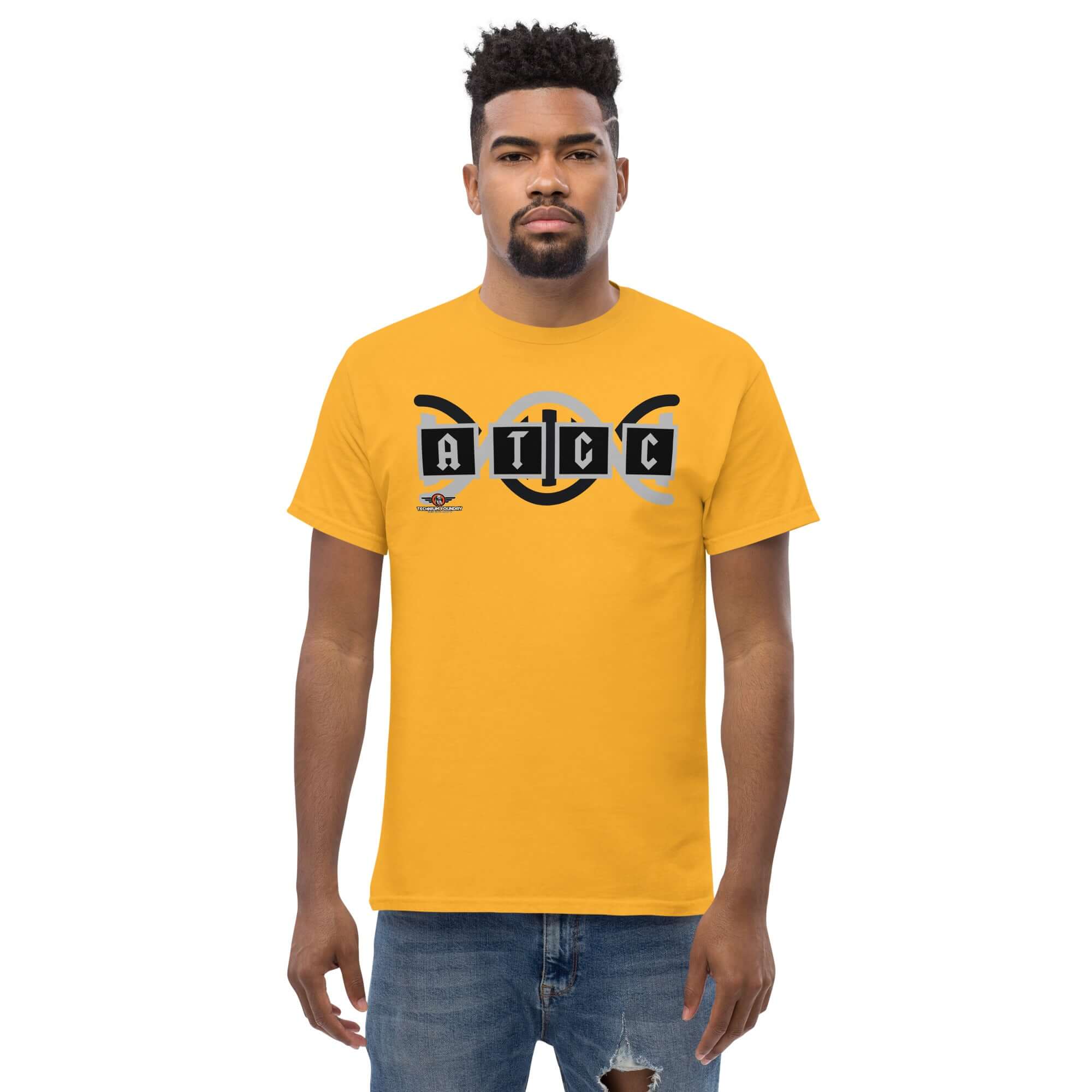 Yellow AT/GC t-shirt with DNA and metal band design, worn by a person. Genetics humor clothing for music-loving scientists.