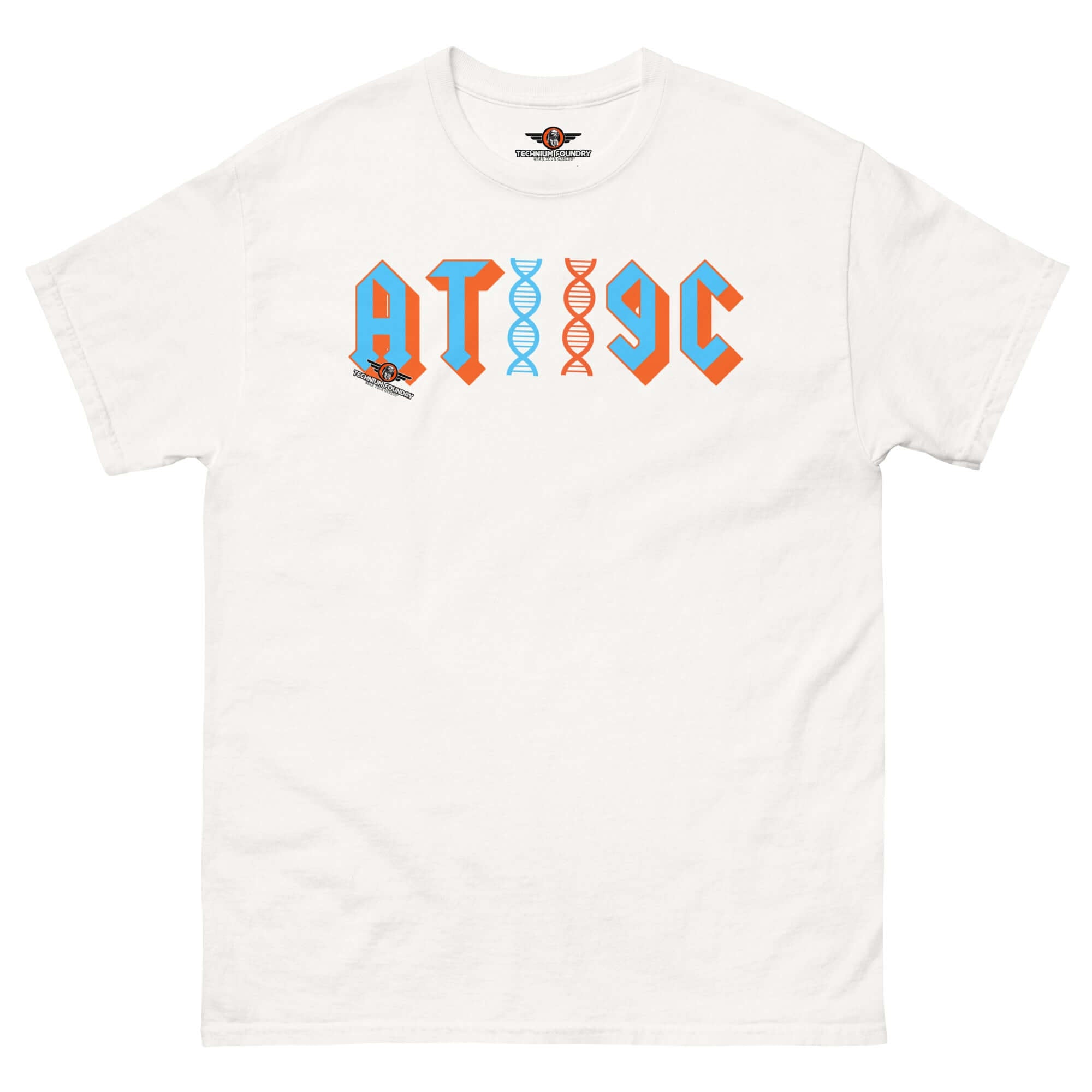White T-shirt featuring 'AT/GC' with DNA double helix design in metal band style, perfect for genetics and music enthusiasts.