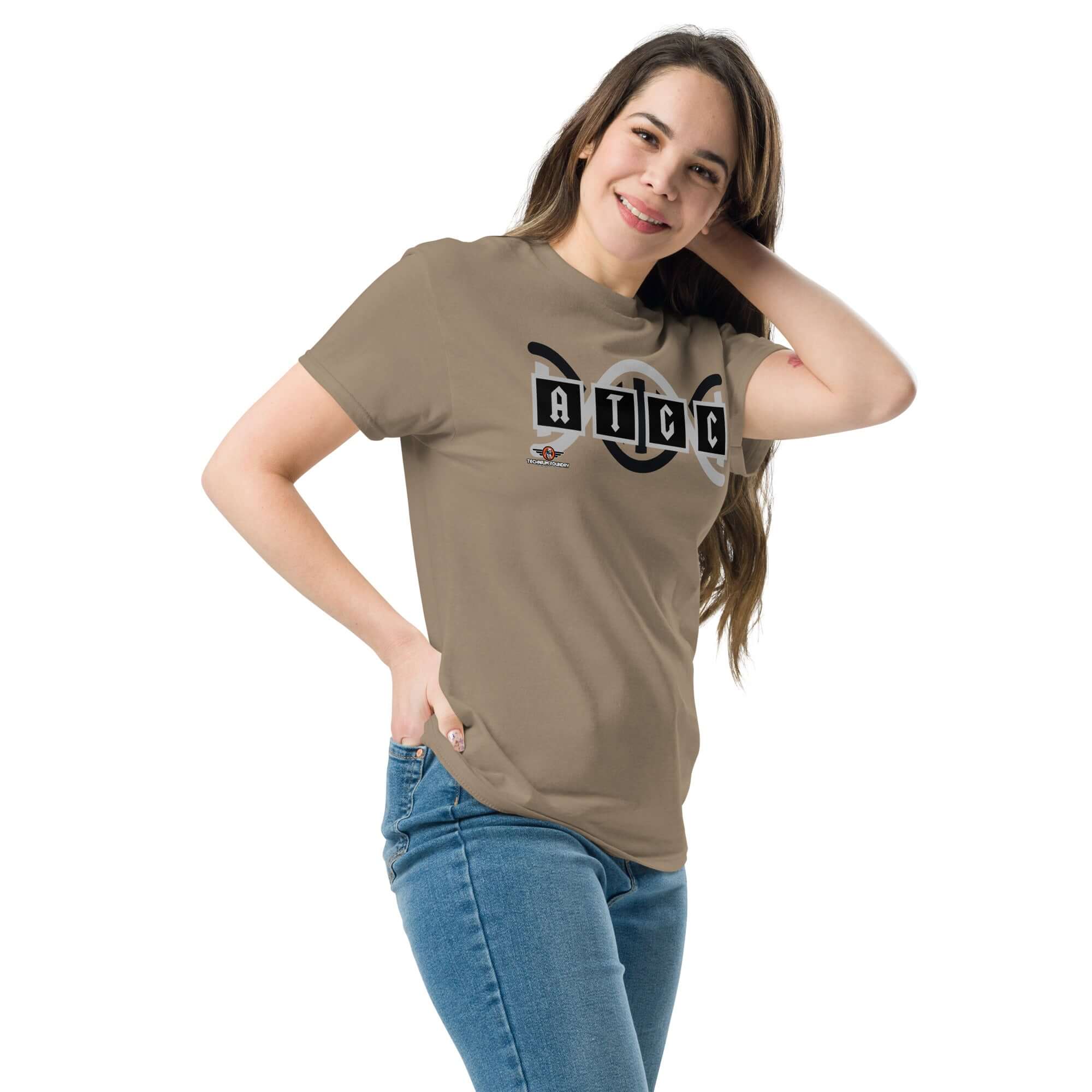 Woman wearing AT/GC Rock Band DNA T-Shirt, blending genetics and heavy metal style with DNA helix and bold typography.
