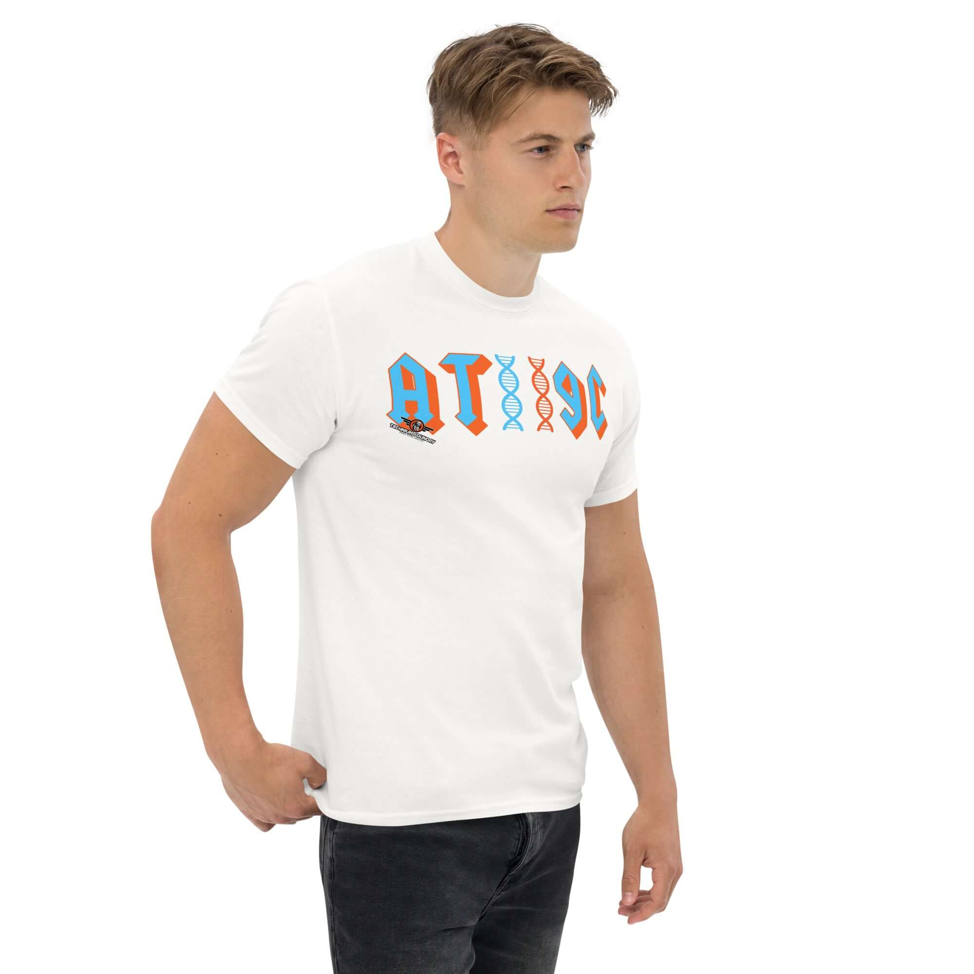 Person wearing AT/GC rock band DNA t-shirt featuring genetics and science humor design with double helix motif and metal band typography.