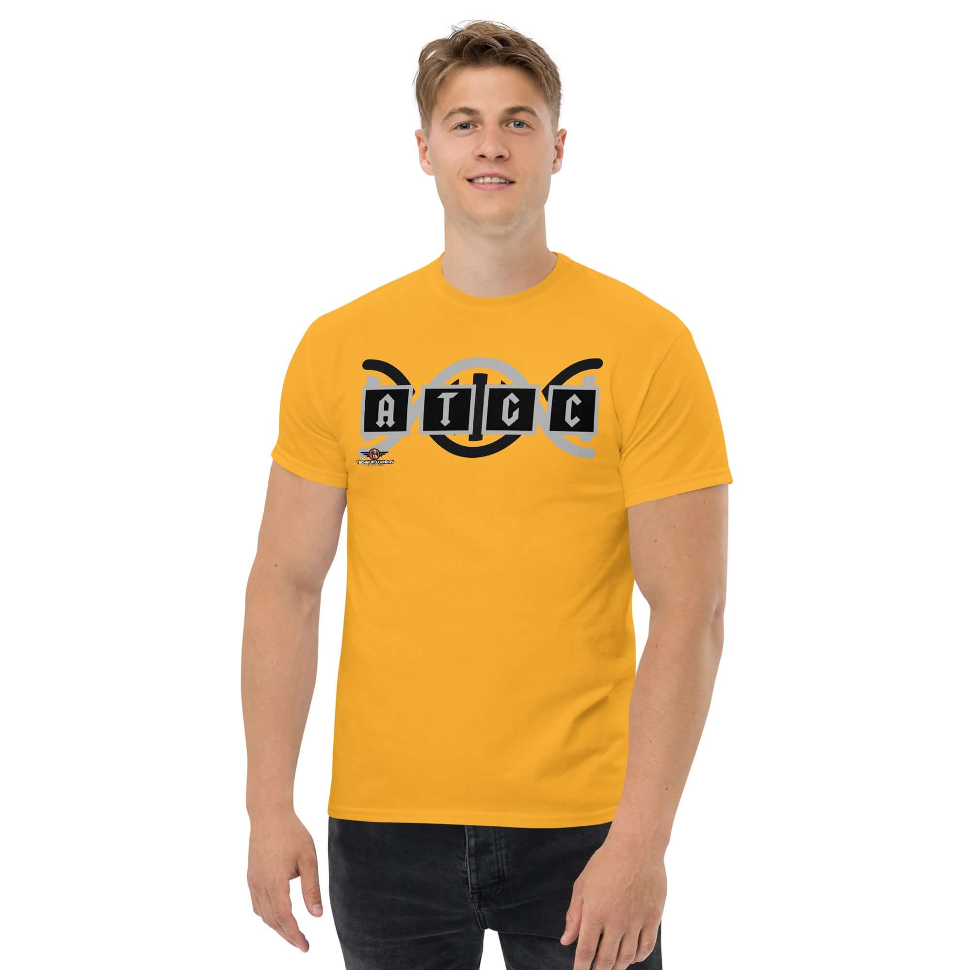 AT/GC Rock Band DNA T-Shirt with genetics humor design featuring base pairs and double helix on a yellow background.