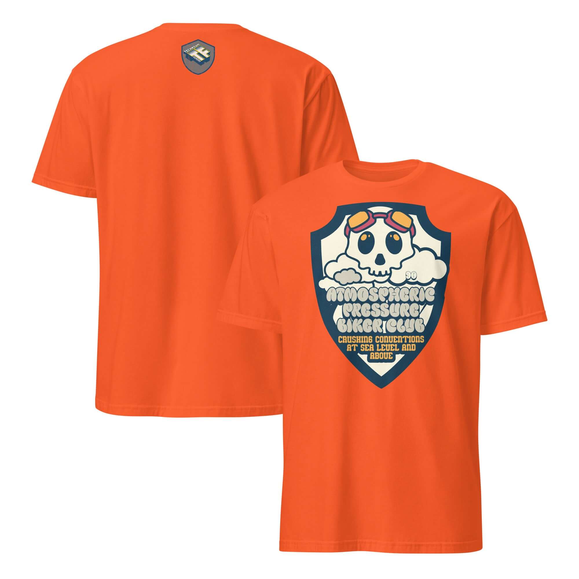 Orange Atmospheric Pressure Biker Club T-shirt with skull and clouds design, featuring aviator goggles and meteorological theme.