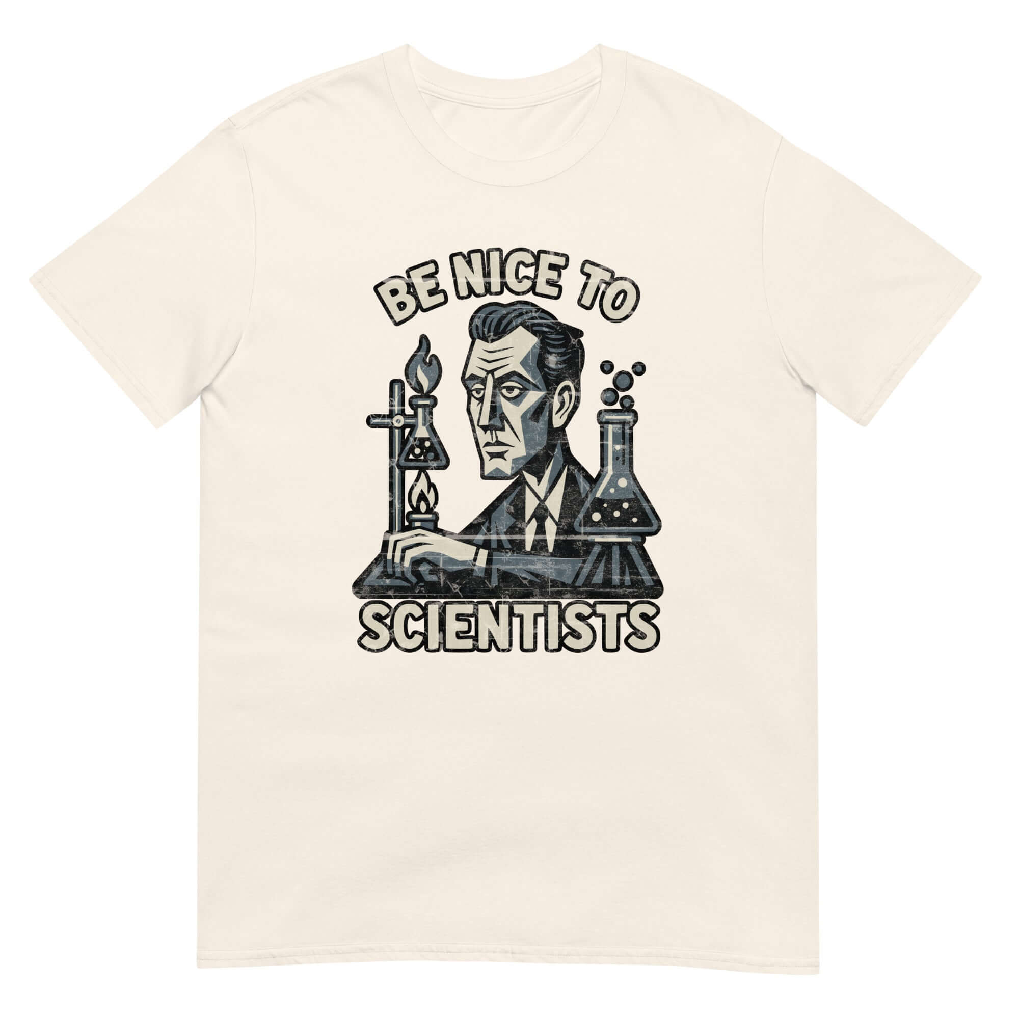 Be Nice to Scientists T-Shirt with humorous lab design, featuring scientist illustration and vintage scientific equipment, perfect for science enthusiasts.