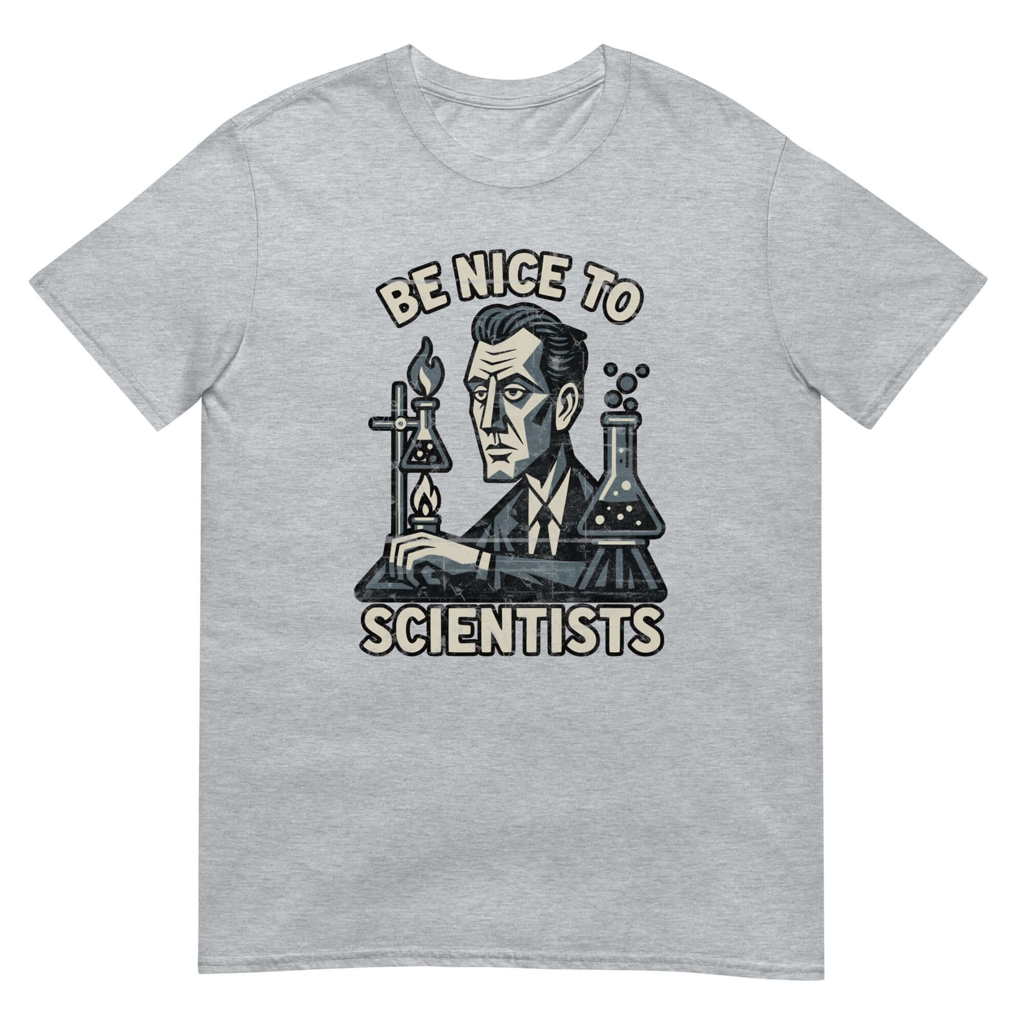 Be Nice to Scientists T-Shirt with laboratory humor graphic, featuring scientist and chemistry beakers for science safety.