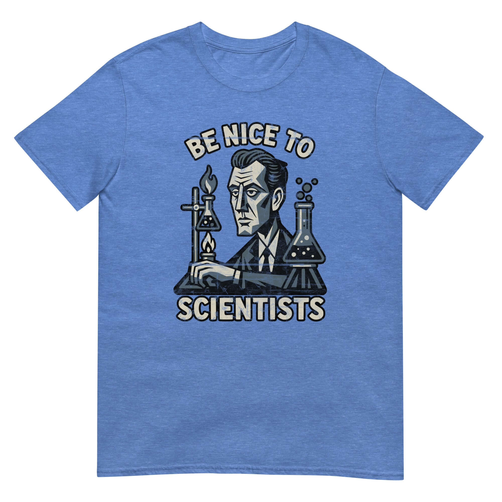 Blue T-shirt with "Be Nice to Scientists" graphic and laboratory equipment illustration, promoting scientific humor and safety.