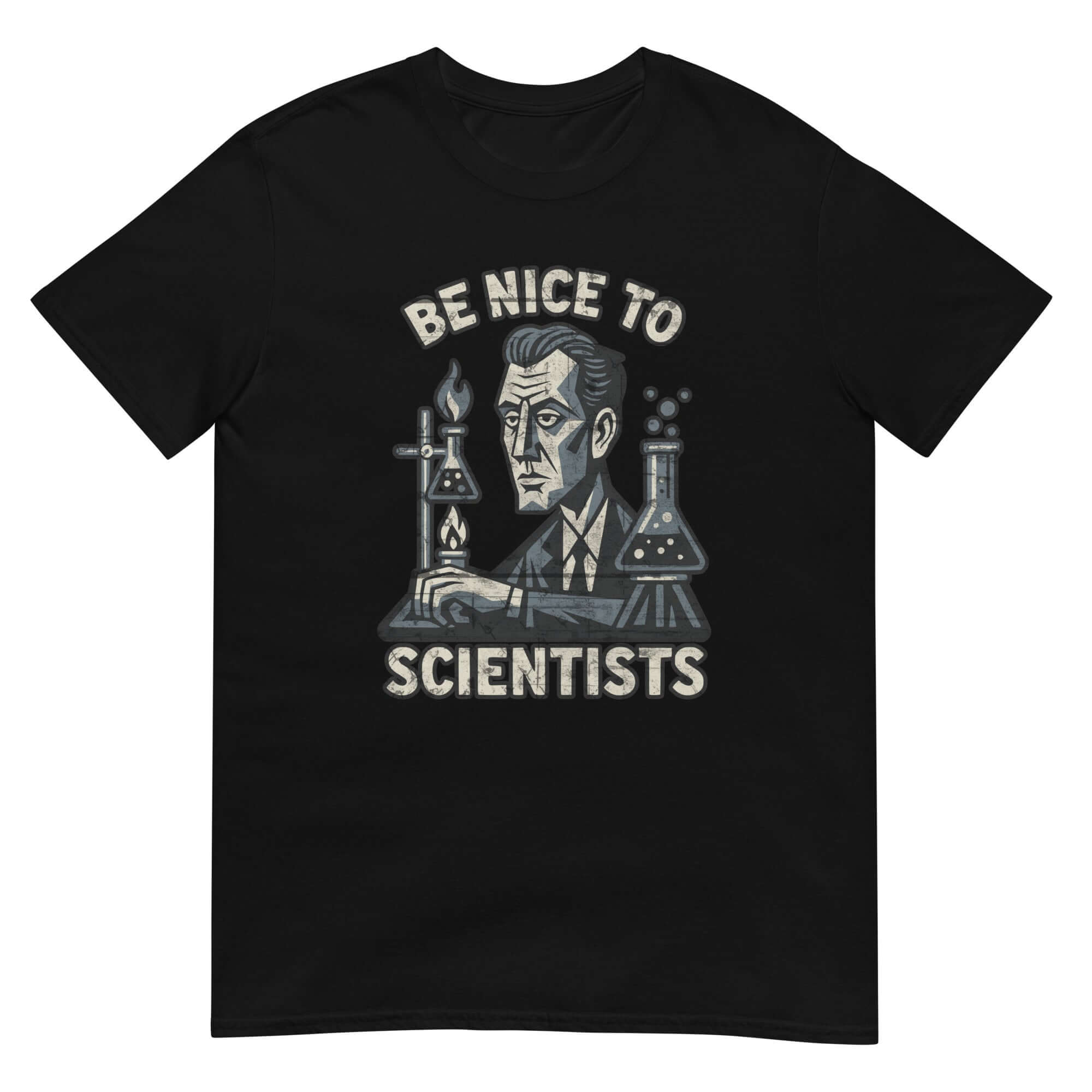 Black T-shirt with 'Be Nice to Scientists' text and cartoon image of a scientist with lab equipment, adding humor to scientific themes.