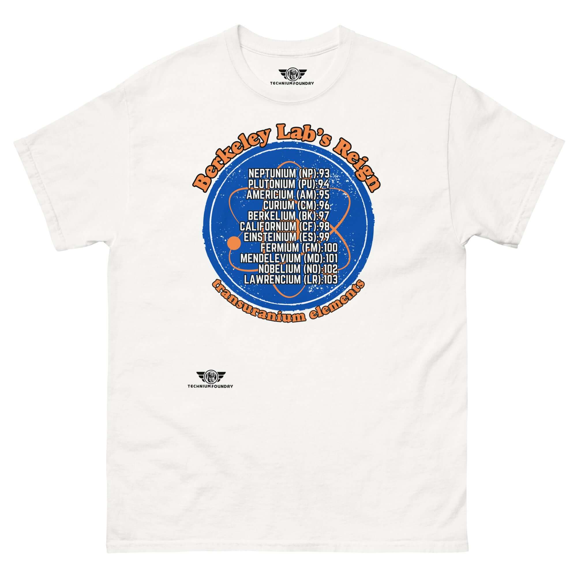 Berkeley Lab's Transuranium Elements T-Shirt featuring atomic numbers 93-103 in blue circle design, celebrating scientific legacy.