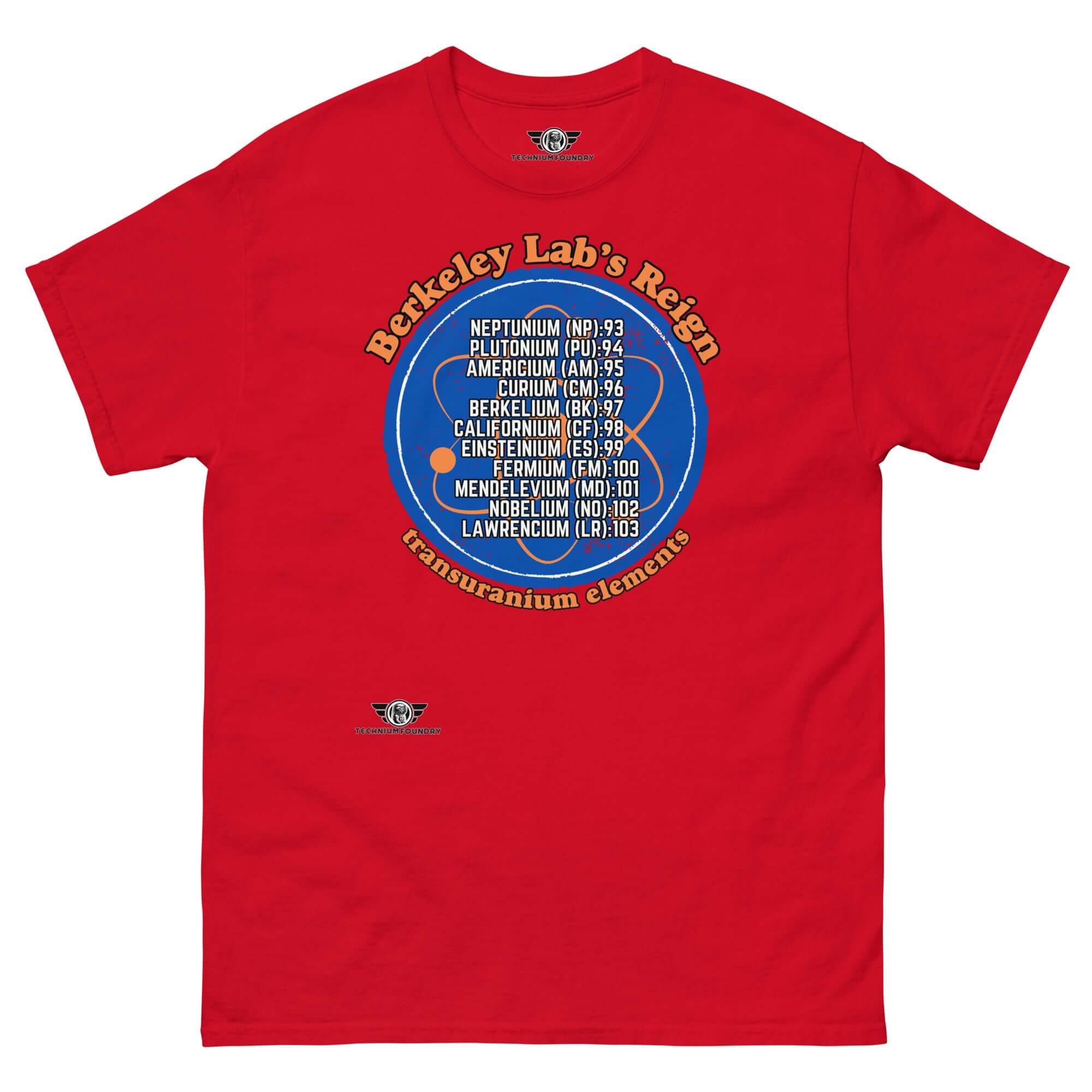 Red T-shirt featuring Berkeley Lab's transuranium elements design in blue and white text, highlighting elements 93-103 on a deep blue circle.