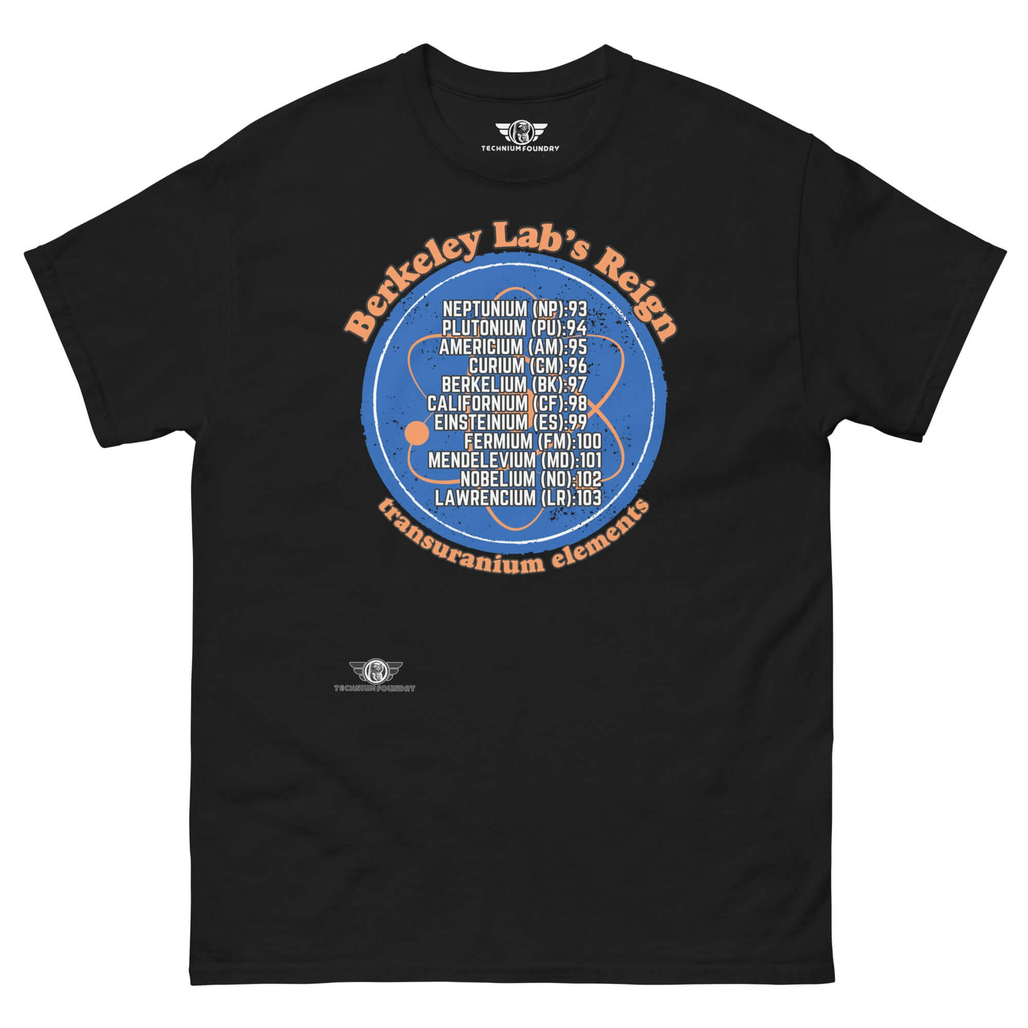 Berkeley Lab's Reign T-shirt featuring transuranium elements design, deep blue circle with elements 93-103, black fabric.