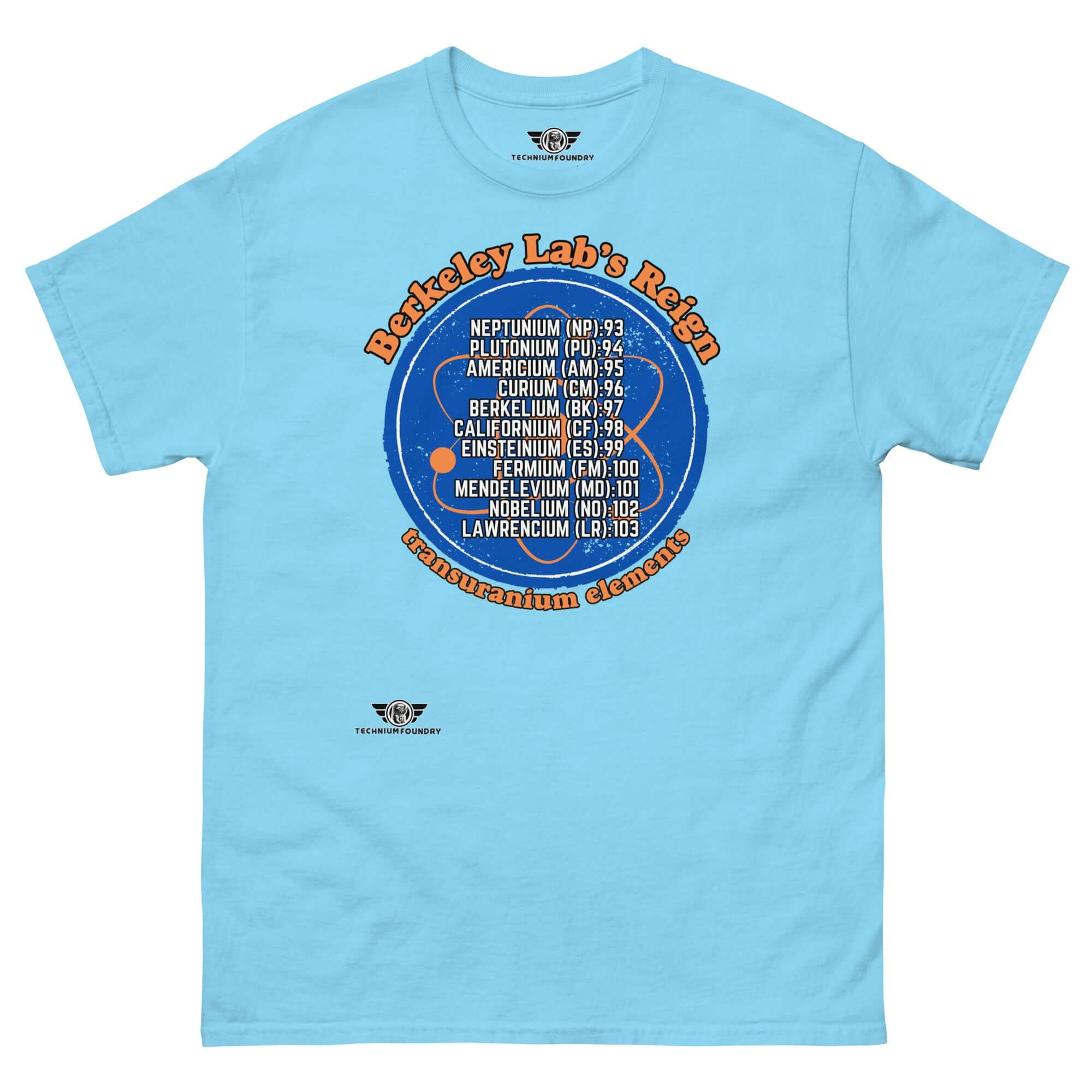 Berkeley Lab's Reign Transuranium Elements Scientific T-Shirt with circular design, featuring atomic numbers 93-103 on a blue background.