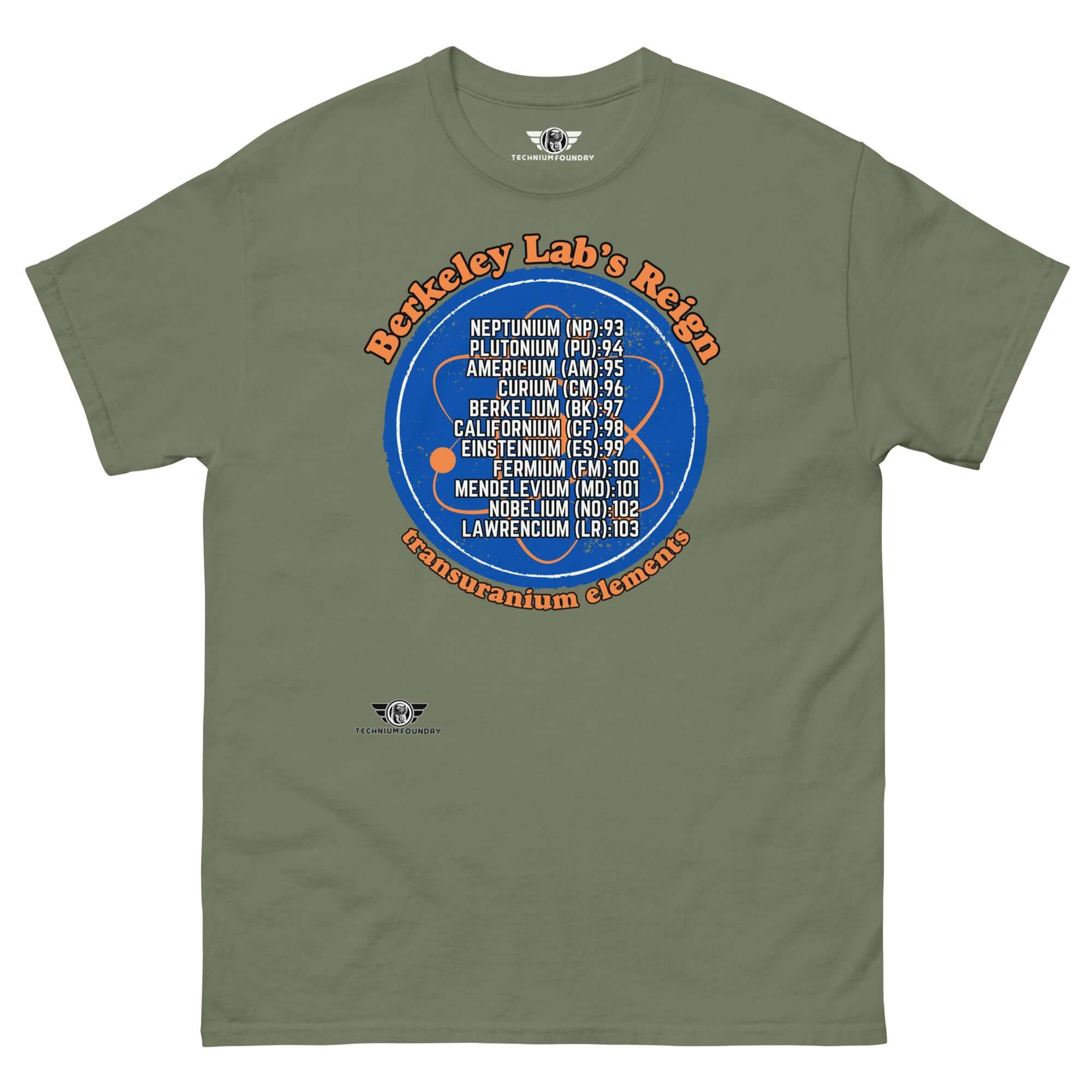 Berkeley Lab Reign T-shirt featuring transuranium elements design in orange and blue on a gray background.