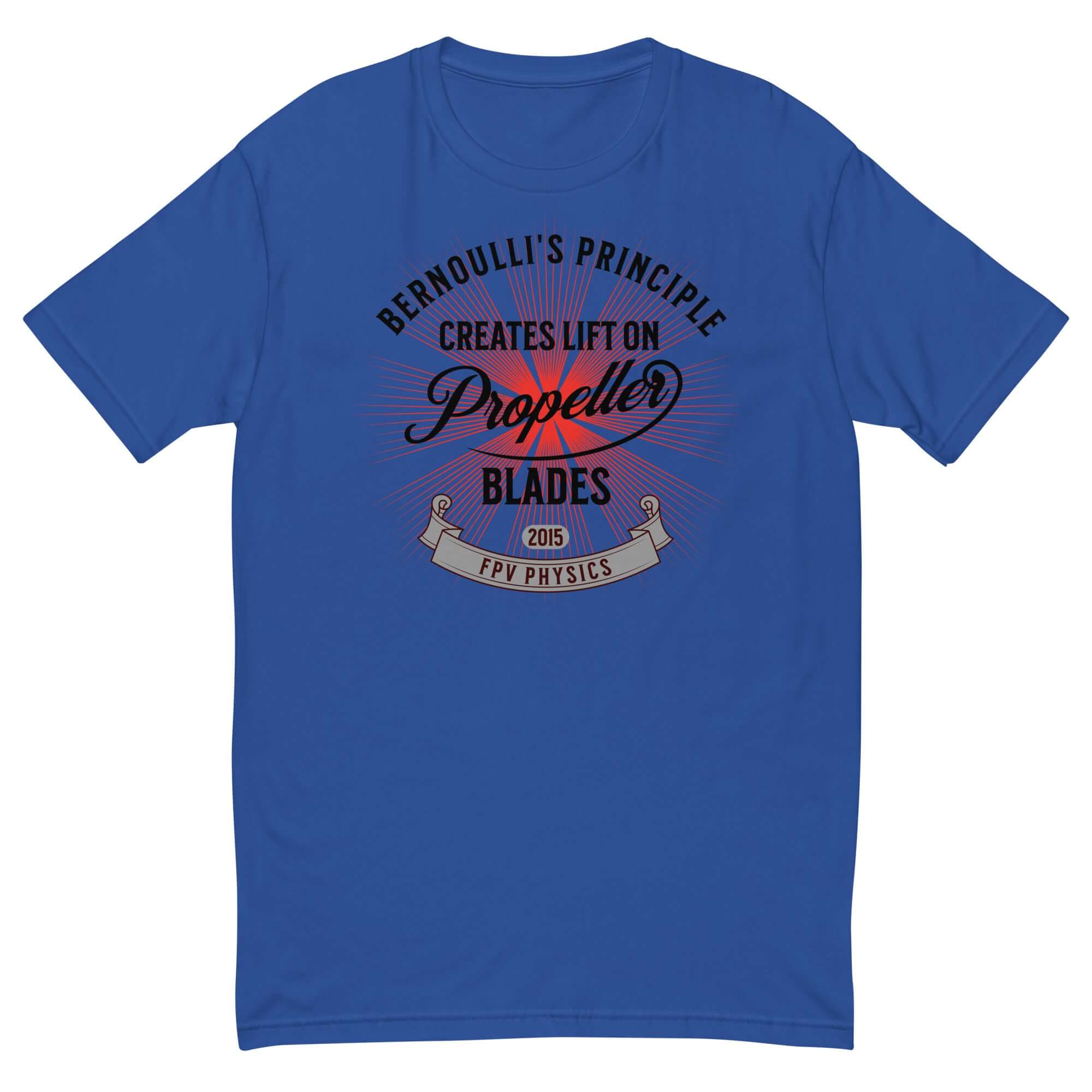 Blue tee with Bernoulli's Principle Creates Lift on Propeller Blades graphic, perfect for drone tech enthusiasts and pilots.