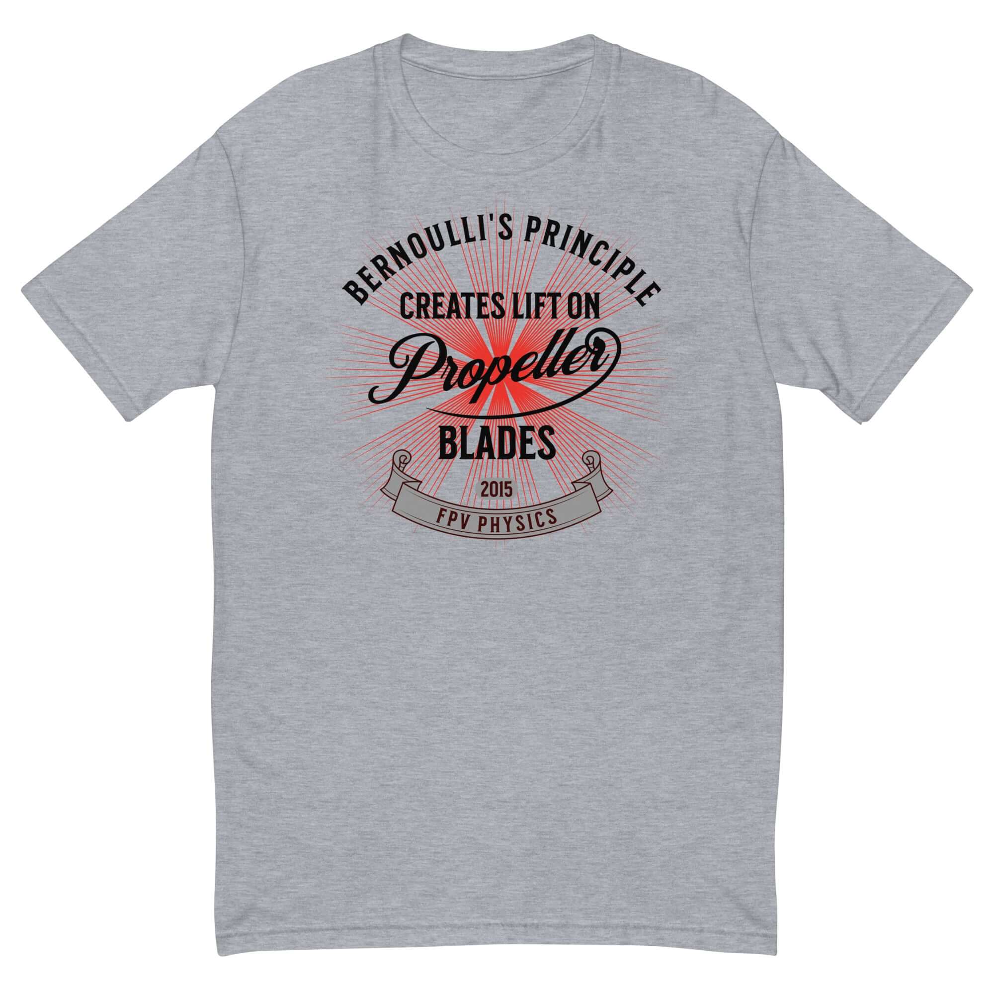 Gray drone technology tee with "Bernoulli's Principle Creates Lift on Propeller Blades" design, perfect for aerodynamics fans.