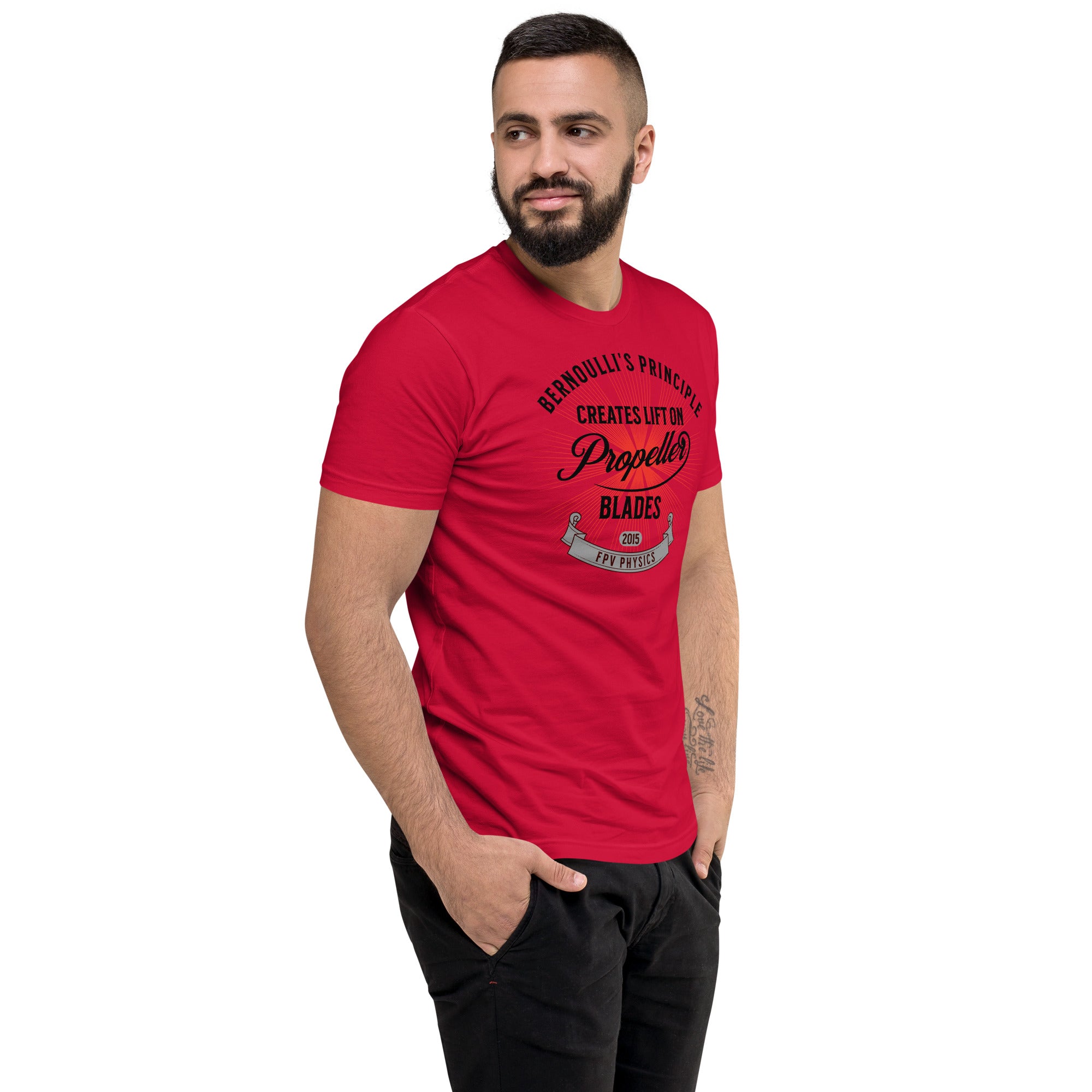 Man wearing a red "Bernoulli's Principle Creates Lift" Drone Technology Tee, showcasing fluid dynamics for aerodynamics enthusiasts.