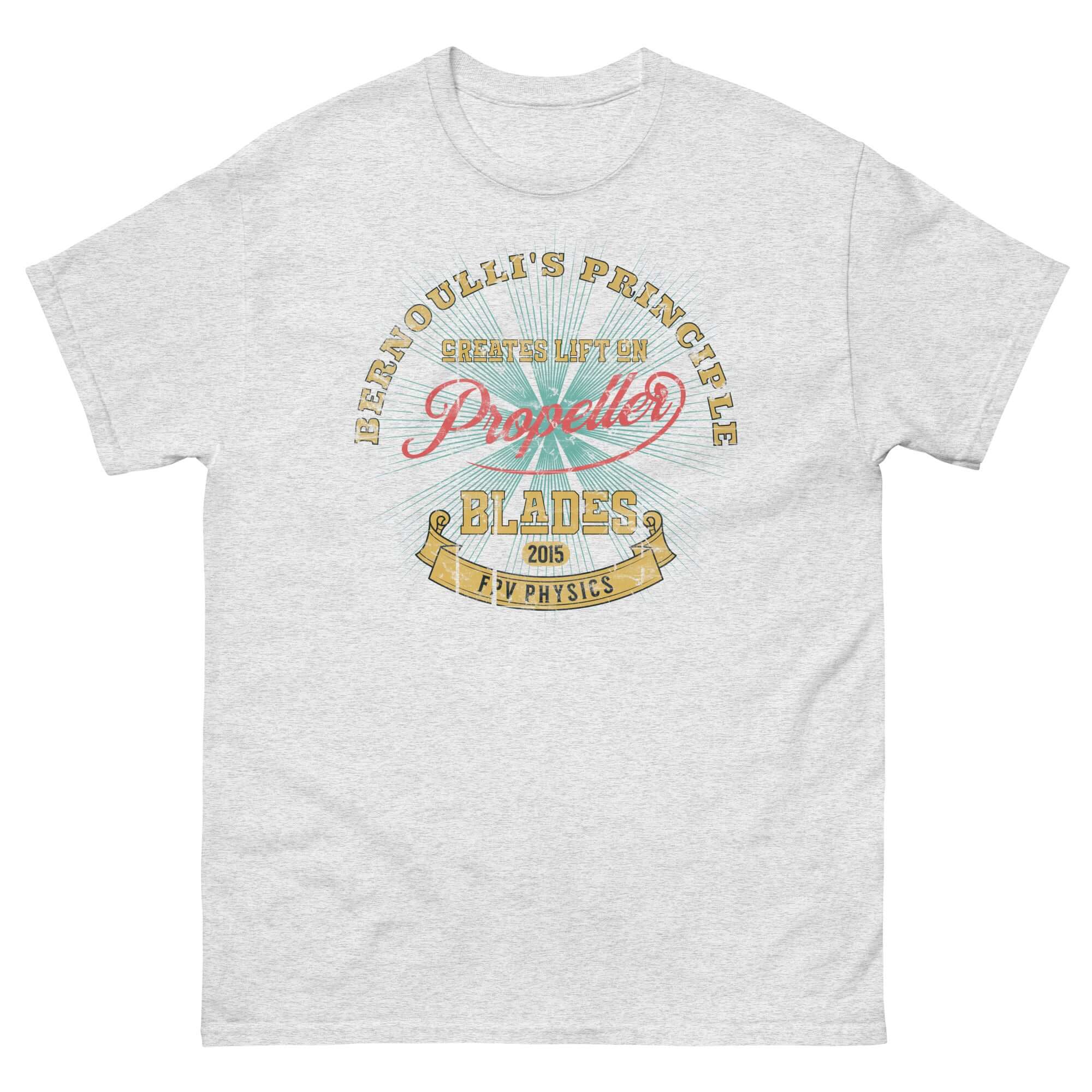 Bernoulli's Principle T-Shirt featuring propeller lift design, perfect for pilots and aviation enthusiasts.