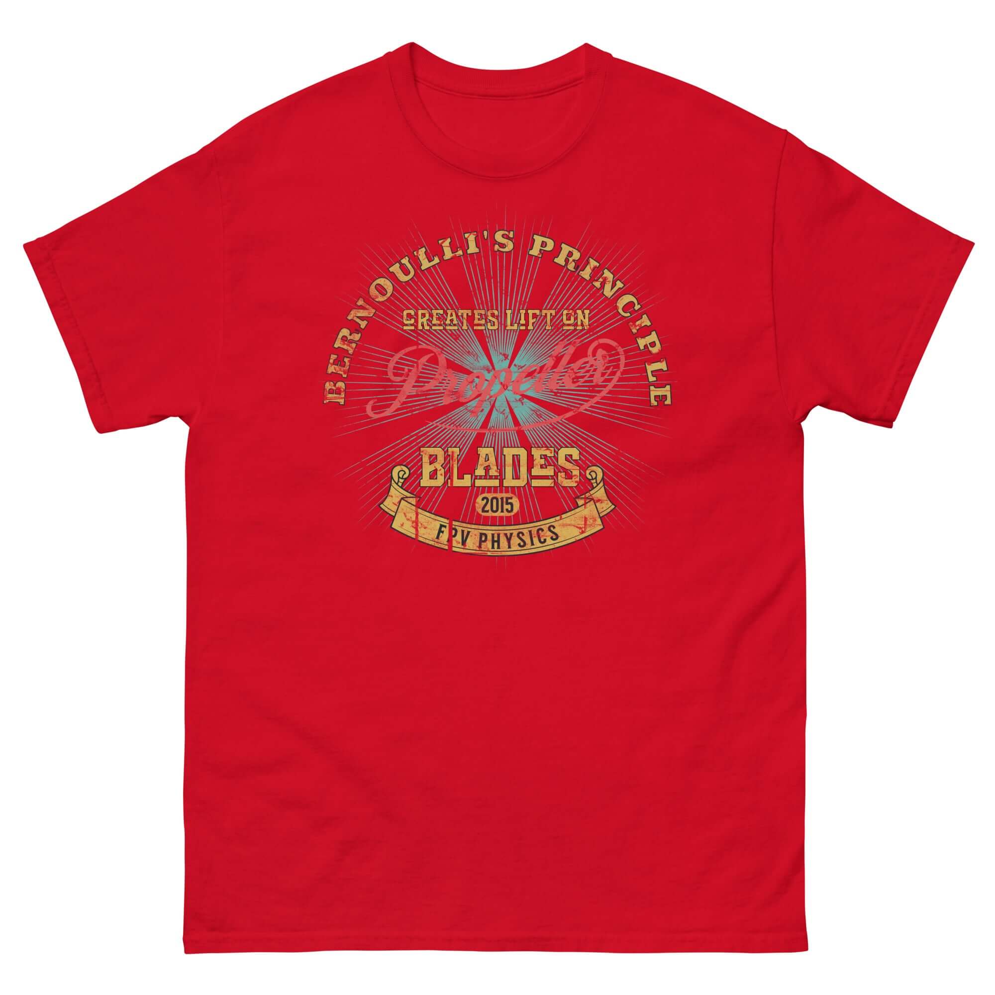 Red t-shirt with "Bernoulli's Principle Creates Lift on Propeller Blades" design, ideal for pilots and physics enthusiasts.