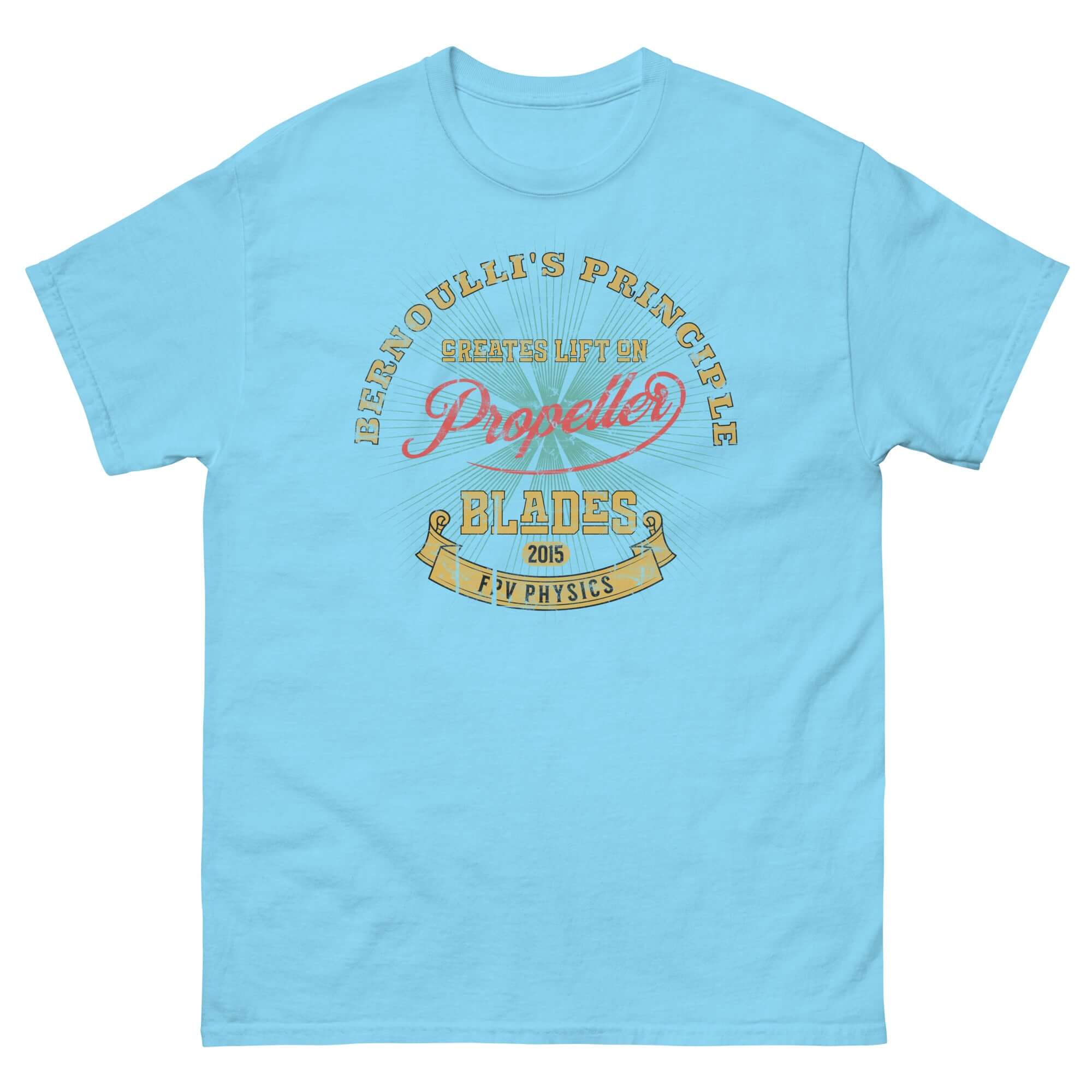 Bernoulli's Principle propeller blades t-shirt for pilots, light blue, emphasizing fluid dynamics and aerodynamics.
