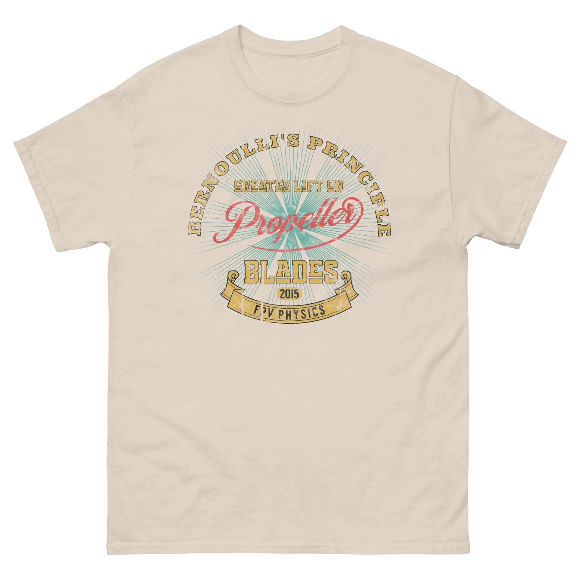 Bernoulli's Principle t-shirt featuring propeller blades design for aviation enthusiasts and pilots who love fluid dynamics.