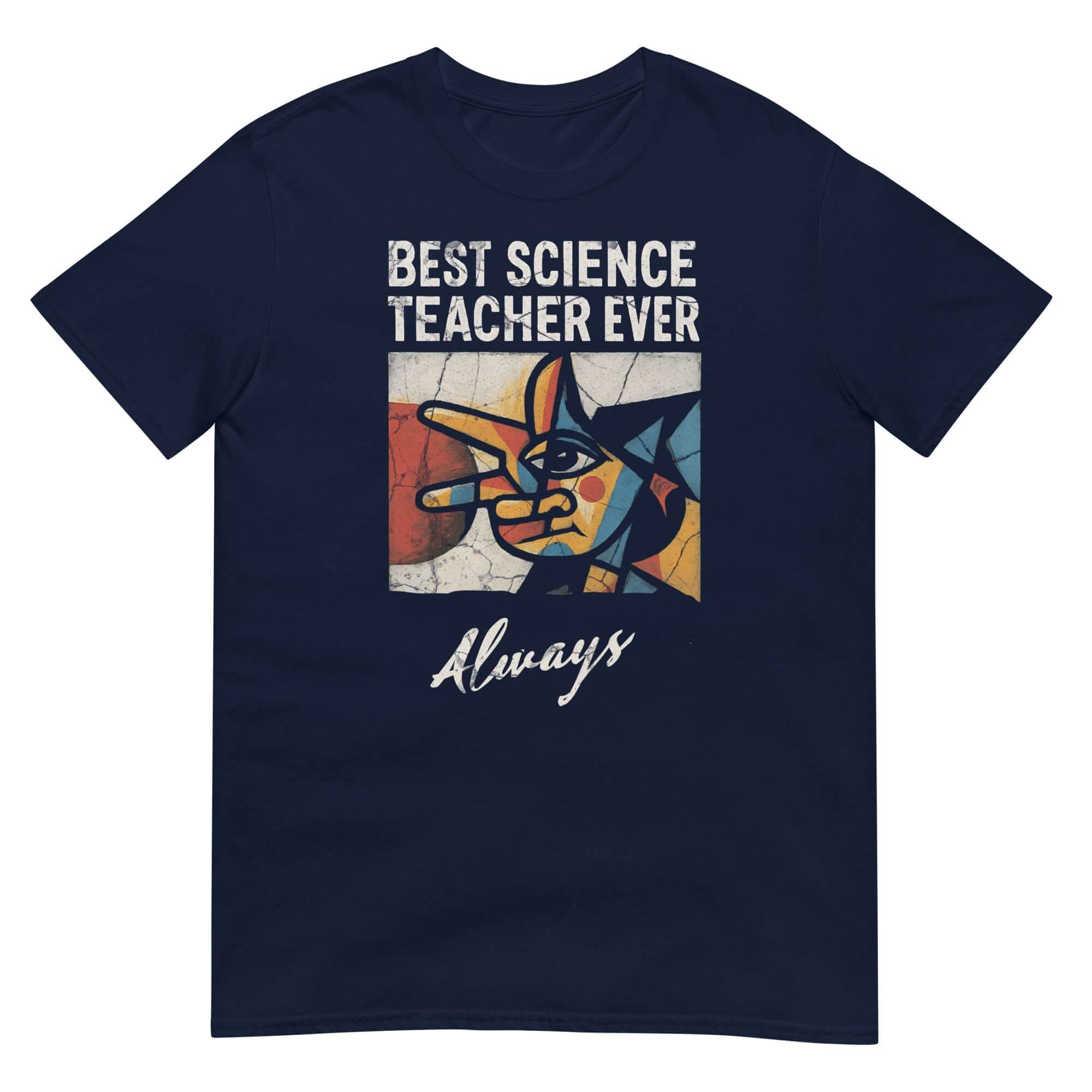 "Best Science Teacher Ever" T-shirt with abstract design, perfect for science educators, teacher appreciation gift, navy blue