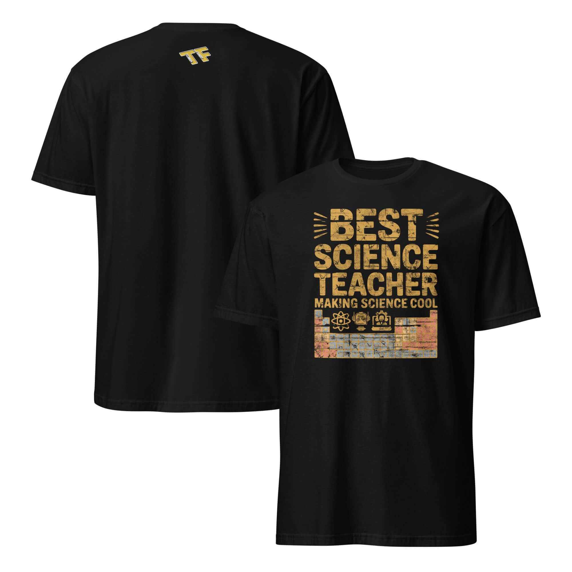 Black t-shirt with 'Best Science Teacher Making Science Cool' printed in bold yellow and icons of scientific elements.