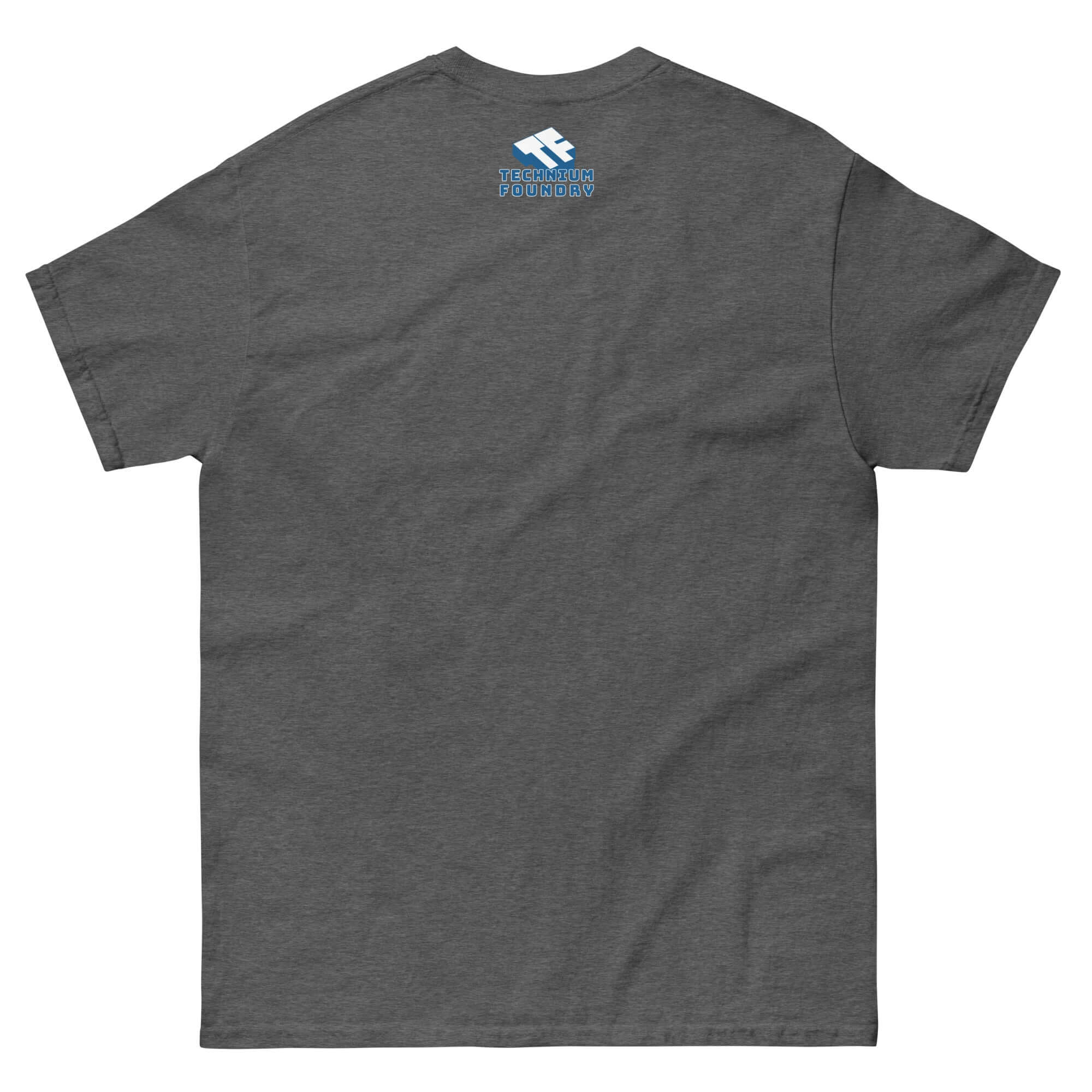 Back view of gray t-shirt with small blue logo on upper back, featuring soft cotton fabric, and casual fit.
