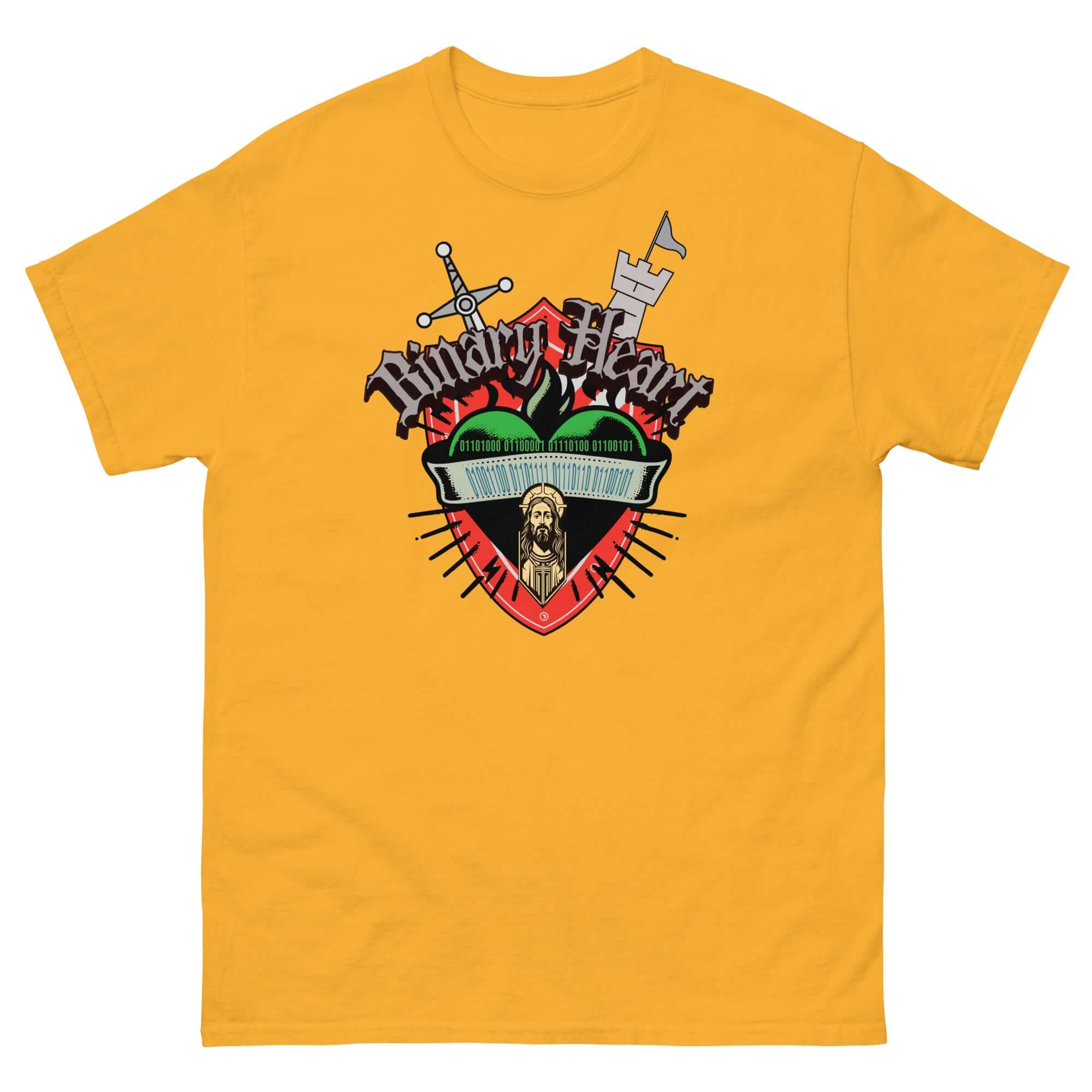 Yellow Binary Heart T-Shirt featuring Sacred Code design with medieval and digital elements, sword and motherboard graphics.