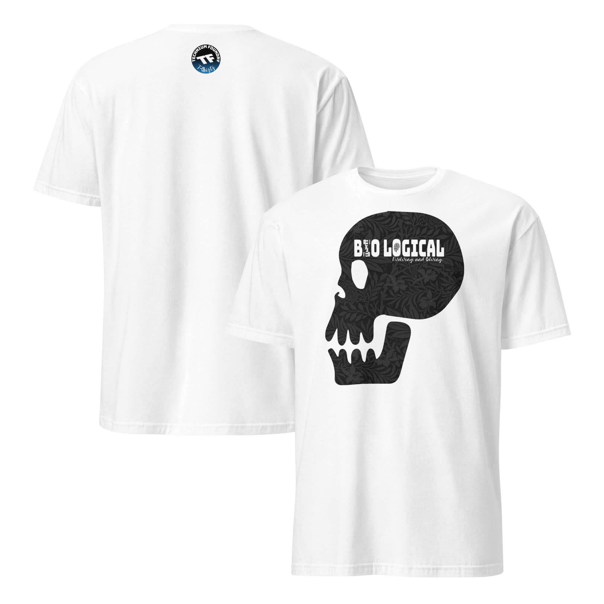 Bio-Logical Skull T-Shirt featuring death metal and Darwin themes, gothic apparel with skull graphic design.