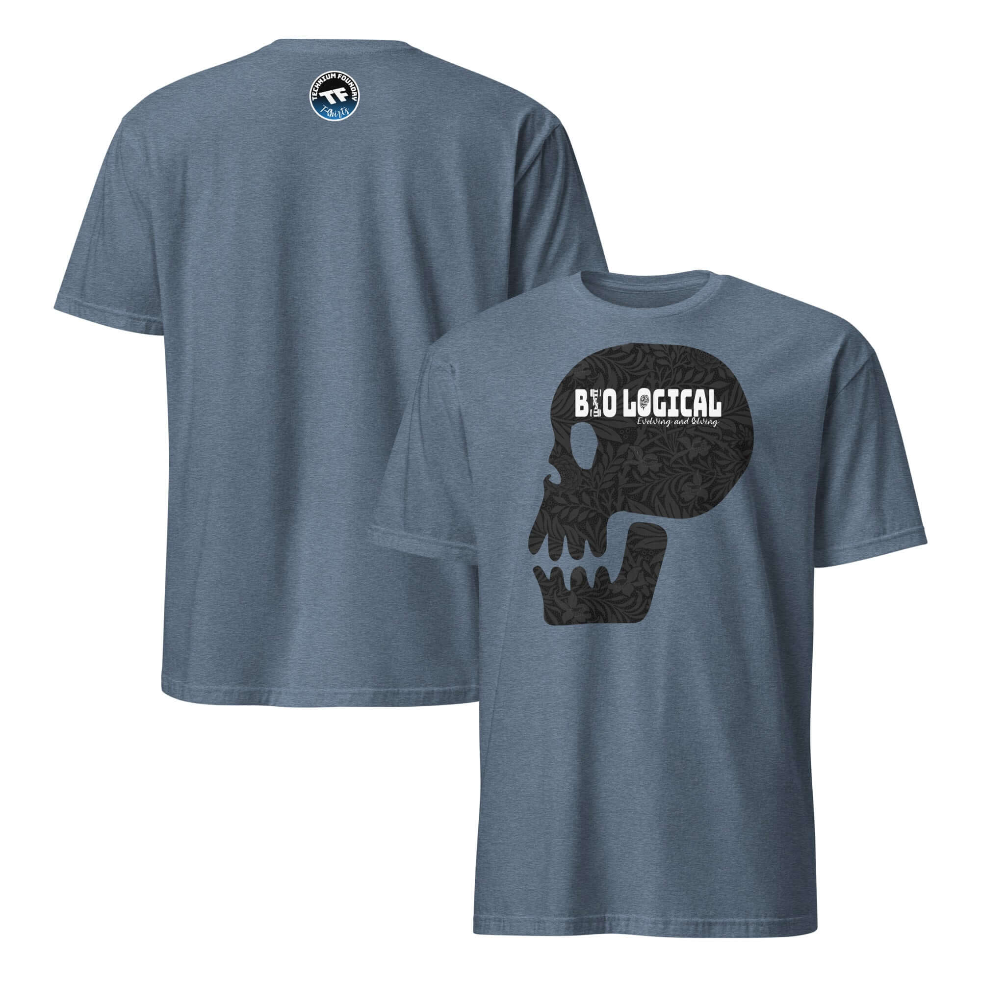 Bio-Logical Skull T-Shirt showcasing gothic design with skull graphic, blending death metal style and academic rebellion aesthetics.
