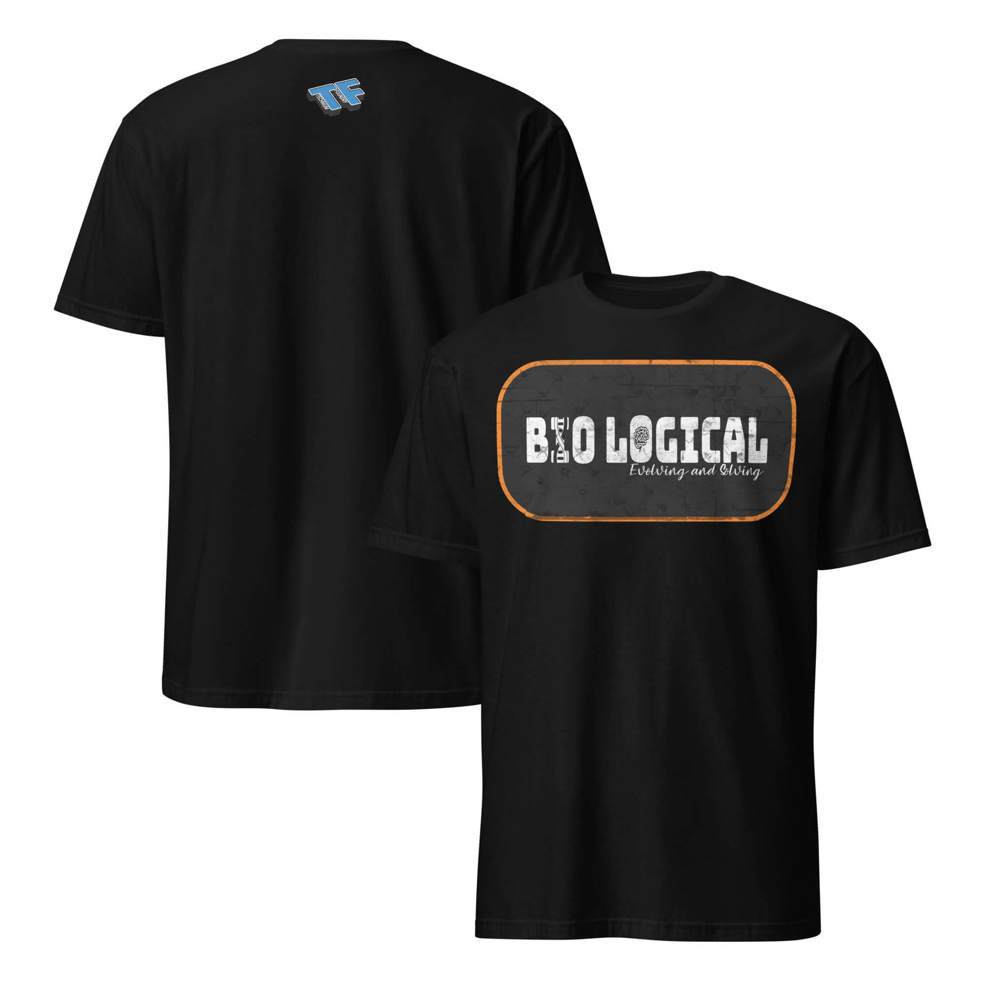 Black "Bio-Logical" T-shirt featuring "Evolving and Solving" grunge design in warning-orange, academic-inspired, front and back view.