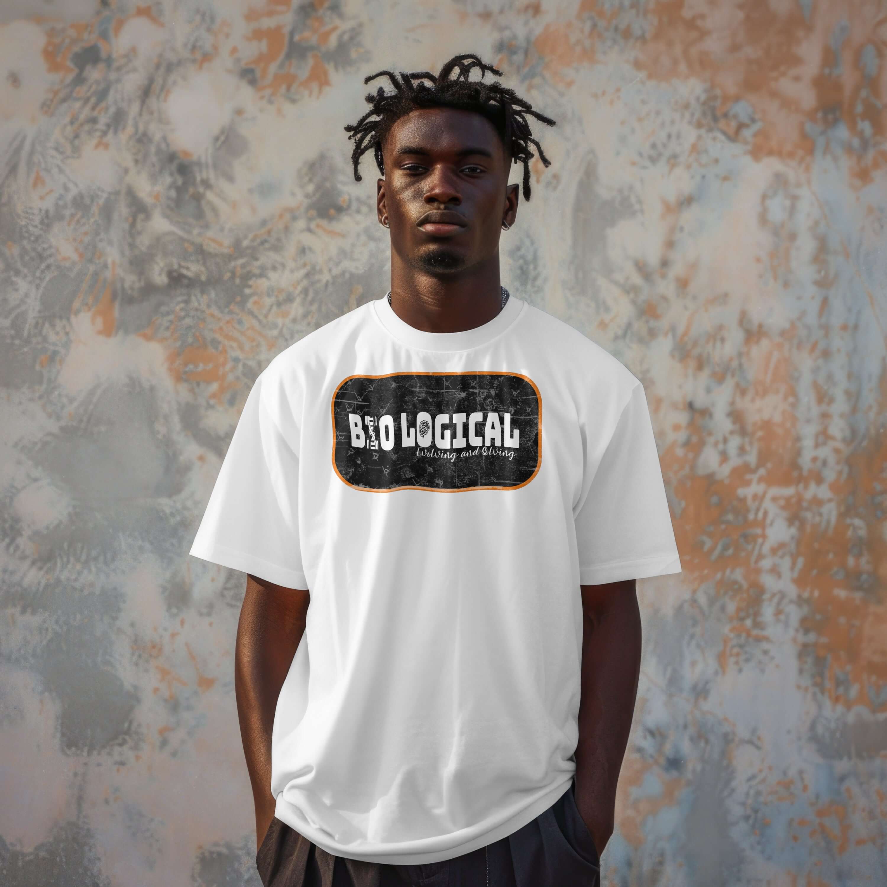 Bio-Logical T-Shirt featuring grunge badge on model, epitome of academic evolution and style with bold warning-orange highlights.