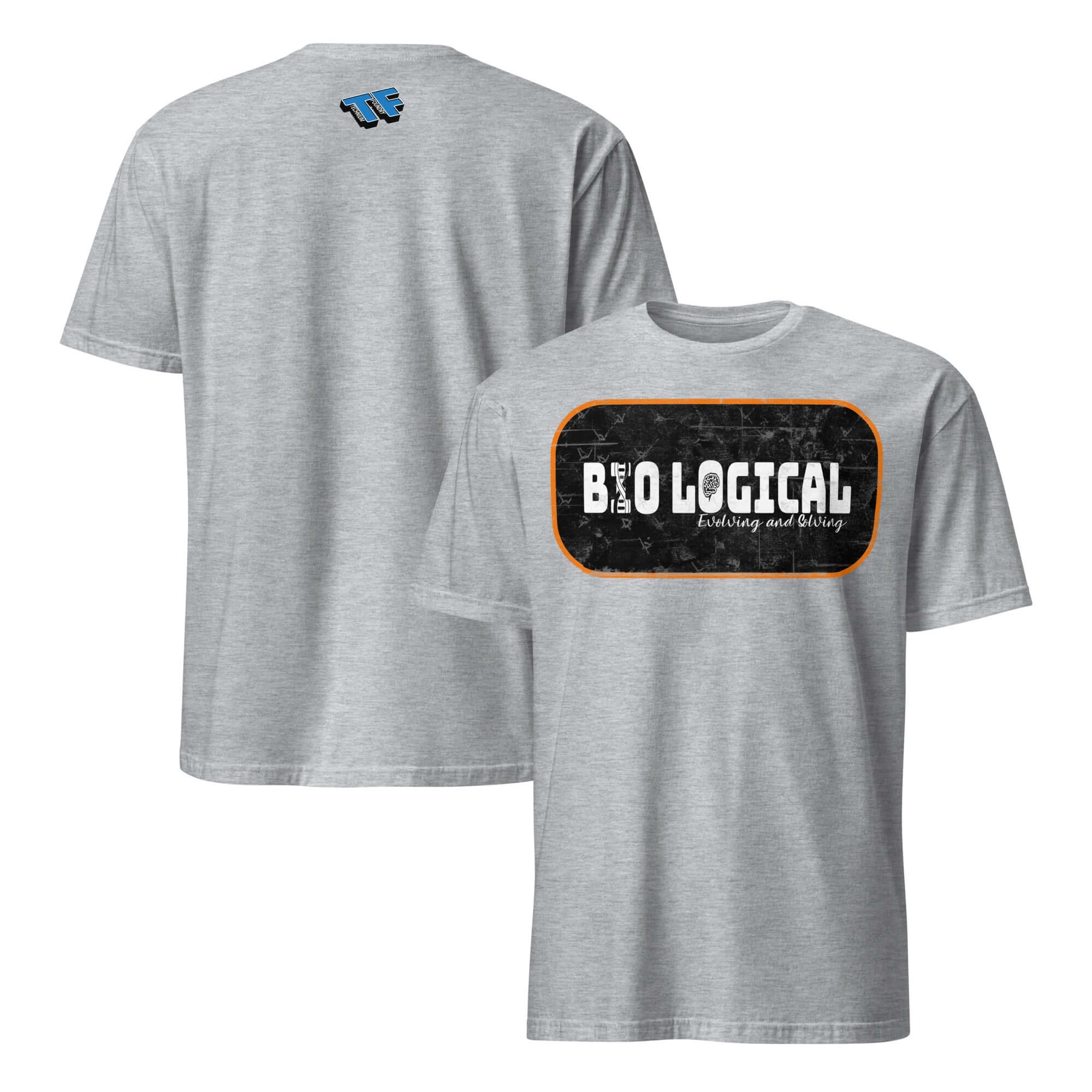 Gray Bio-Logical T-Shirt with grunge badge, featuring 'Evolving and Solving' design in bold type on the back.