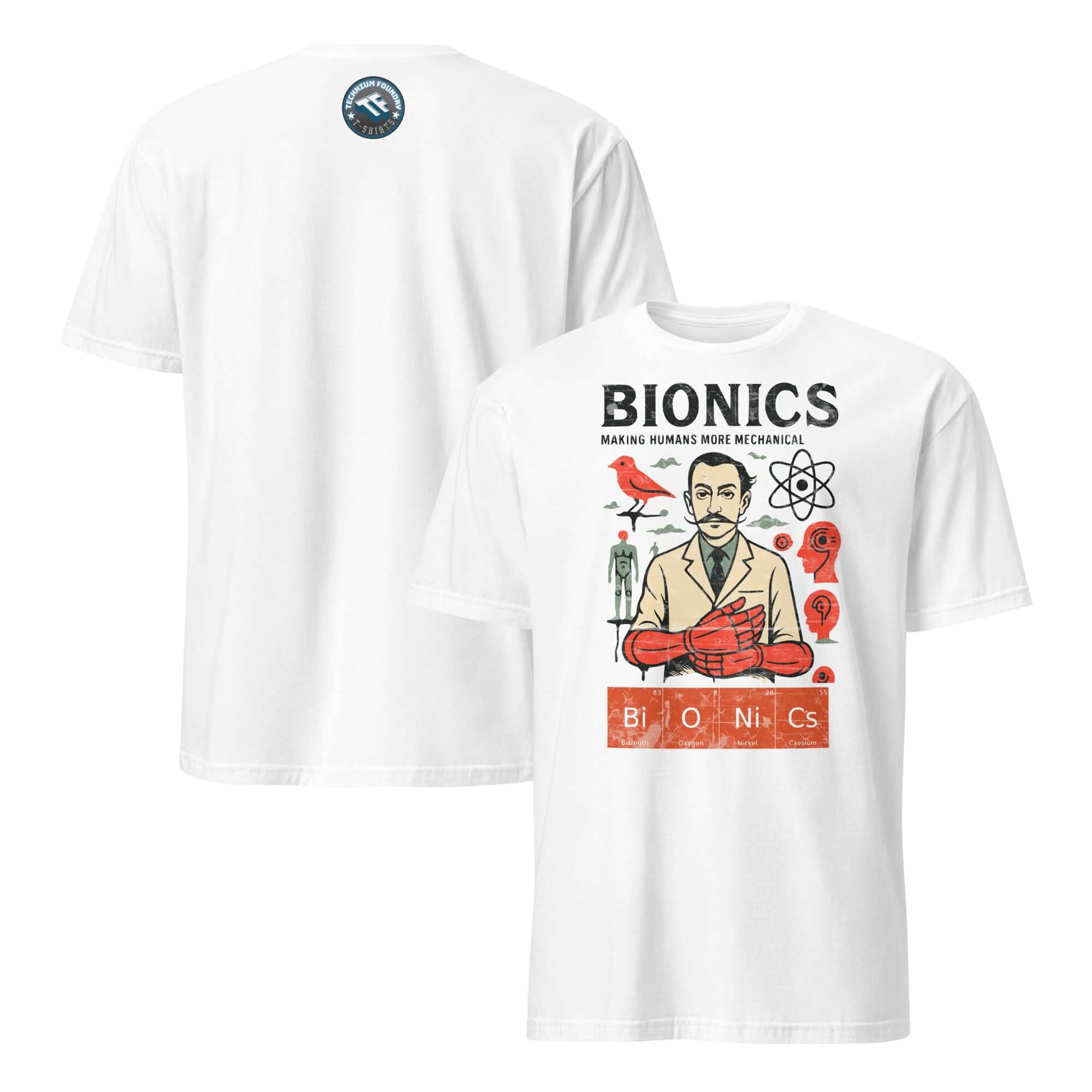 Bionics T-shirt showcasing a vintage cybernetic design with scientist, gears, and robots, celebrating human mechanical enhancement.