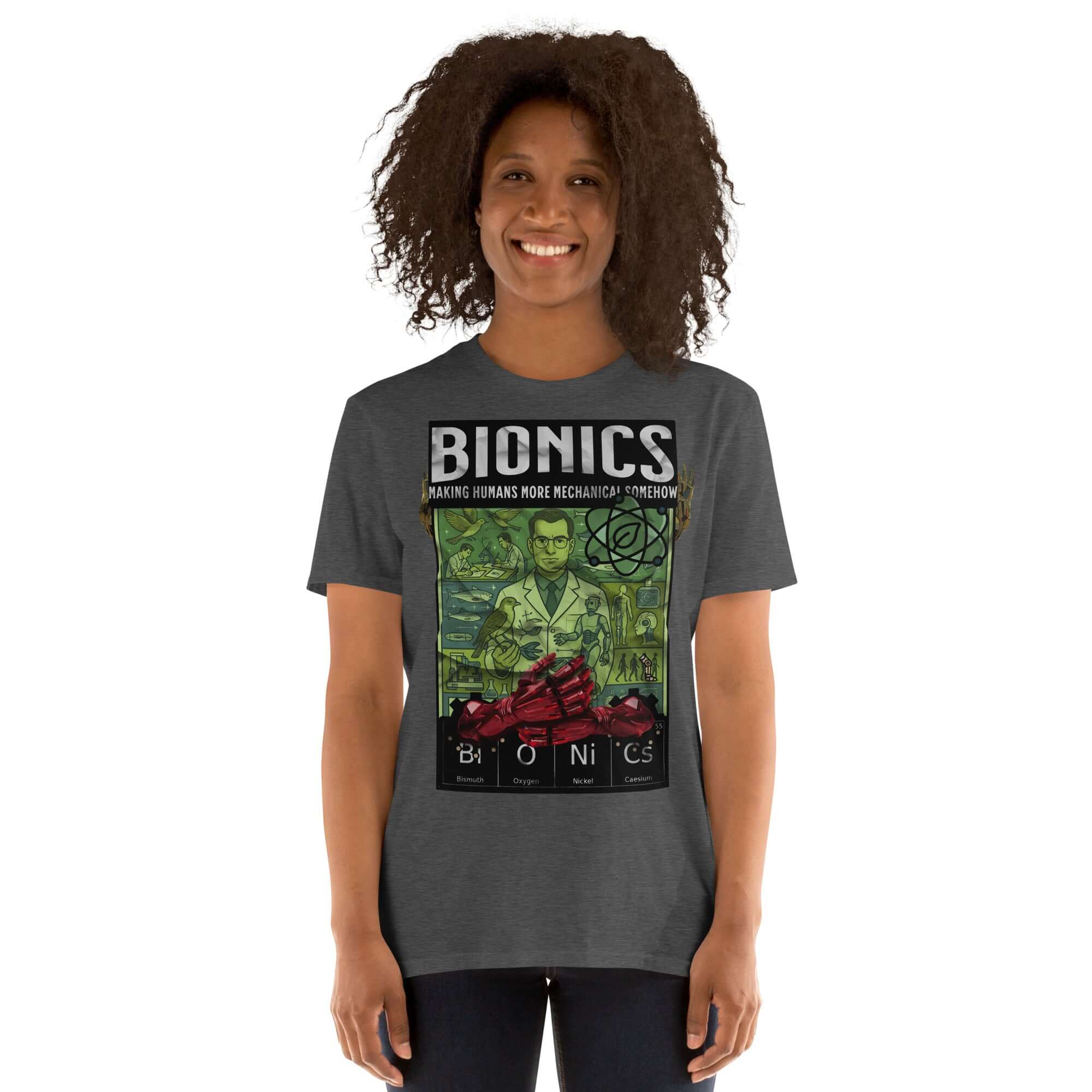 Woman wearing Bionics T-Shirt with vintage lab design, celebrating bioengineering and human enhancement.