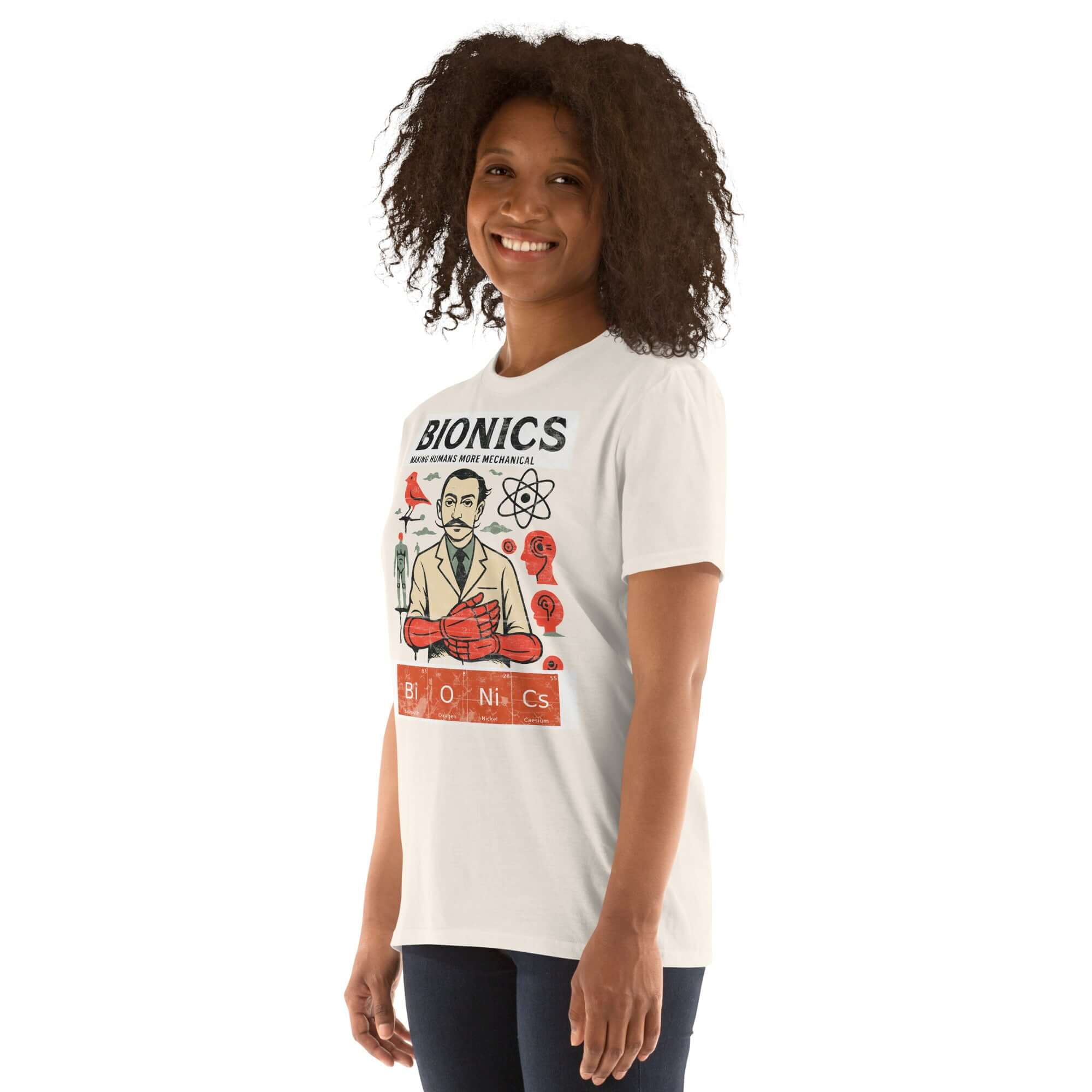 Woman wearing a "Bionics: Making Humans More Mechanical Somehow" T-shirt, featuring vintage cybernetic design and laboratory theme.