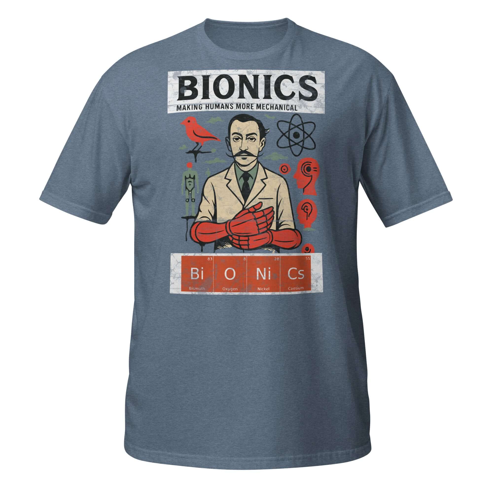 Bionics T-Shirt featuring retro cybernetic design, showcasing human enhancement and mechanical themes.
