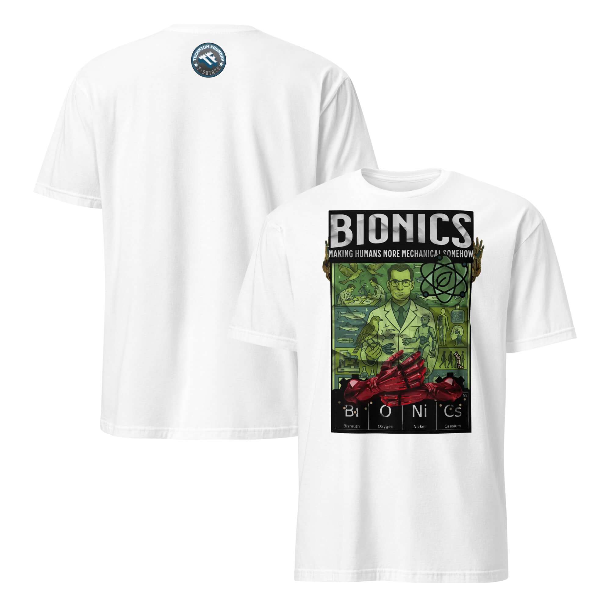 Bionics T-Shirt displaying vintage lab scene and bioengineering theme, promoting human enhancement with retro scientific imagery.