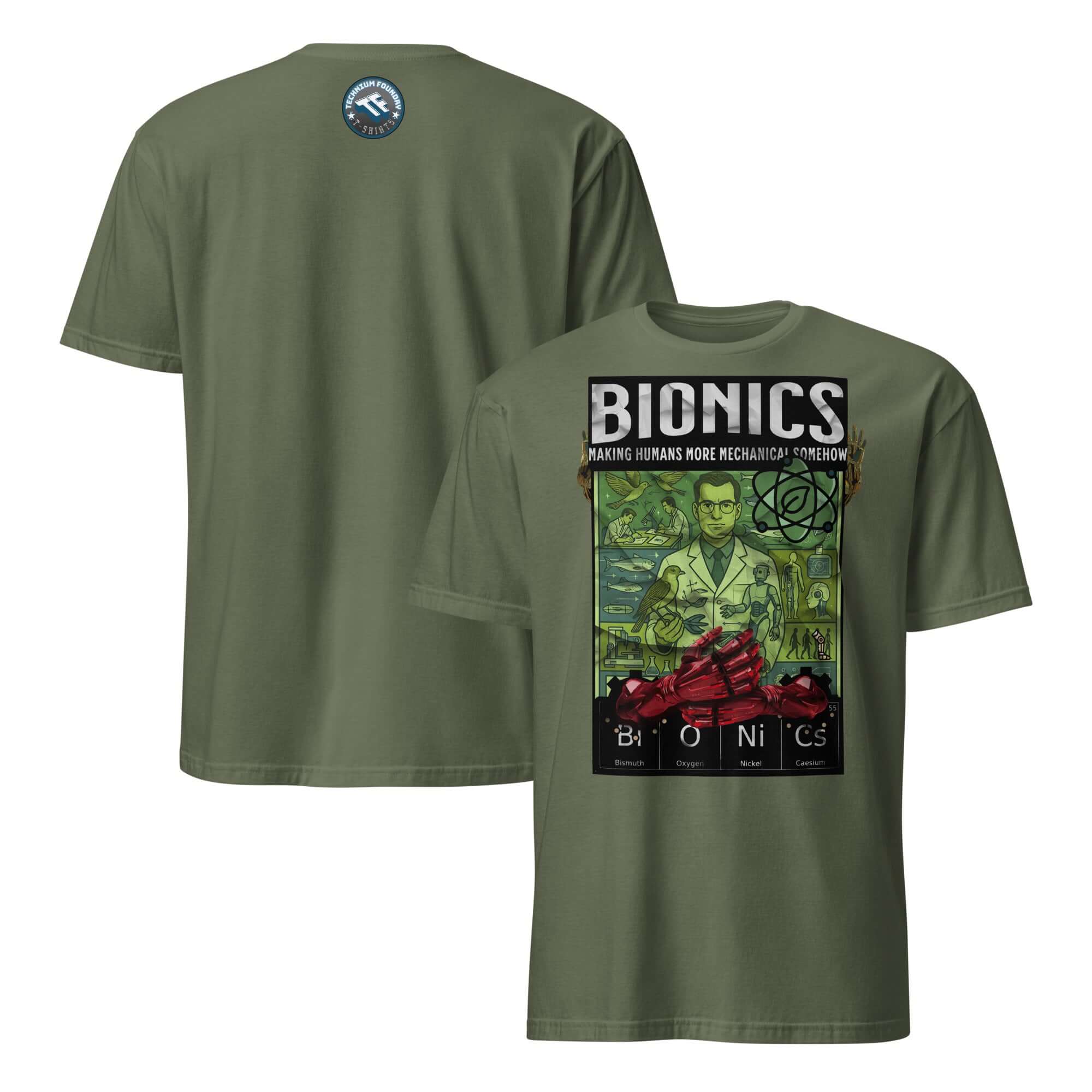 Bionics T-Shirt featuring a vintage lab design with scientists enhancing human mechanics, perfect for biology enthusiasts.