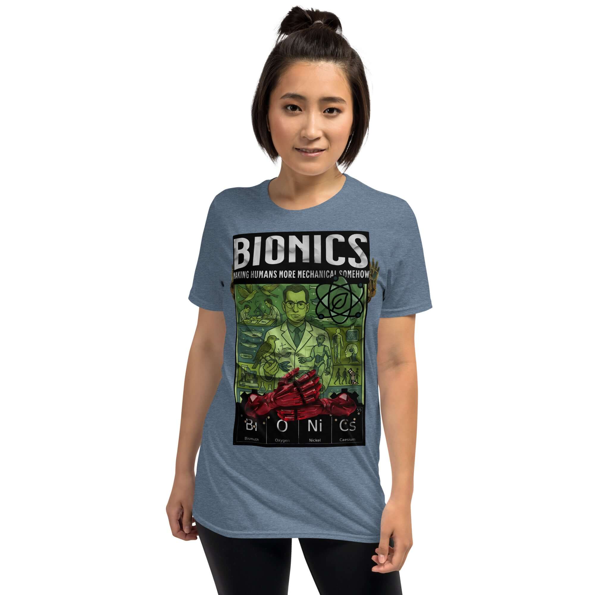 Woman wearing Bionics T-Shirt featuring vintage scientific poster design with bioengineering theme.