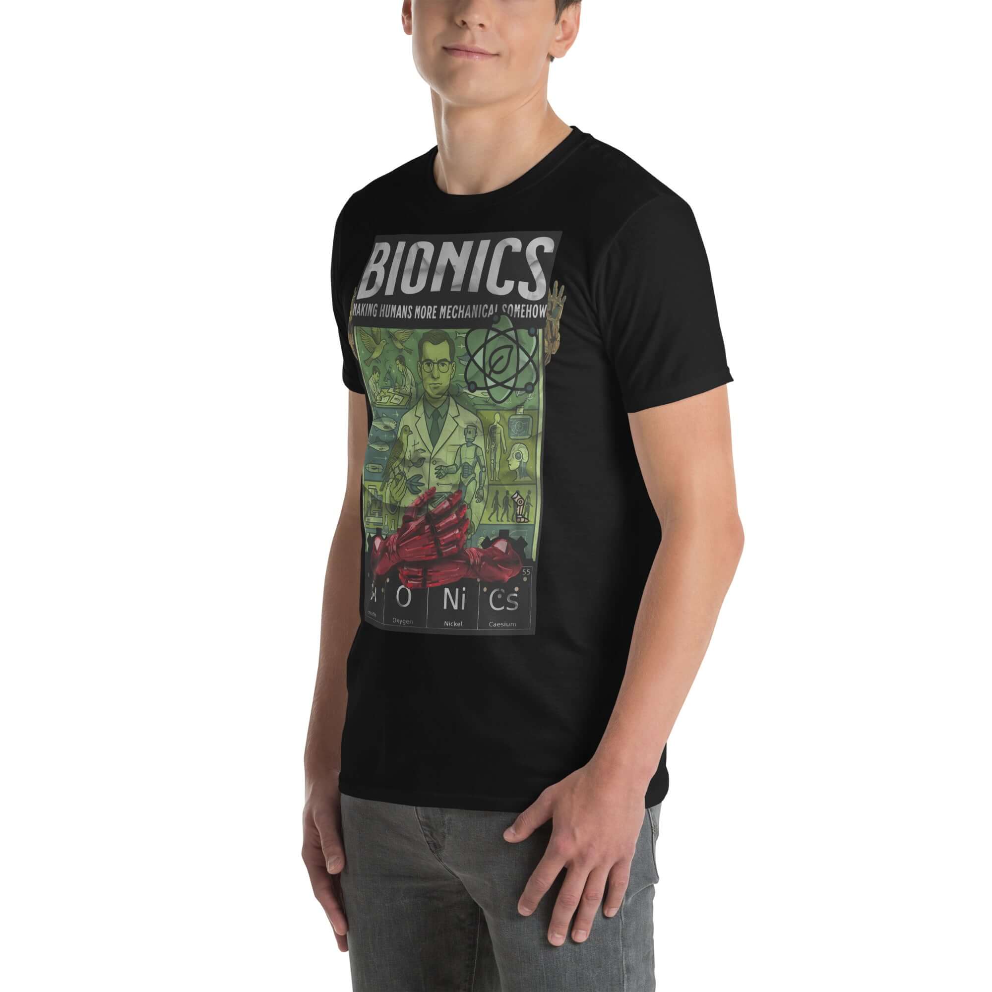 Man wearing Bionics T-shirt with vintage bioengineering poster design, celebrating scientific innovation and human enhancement.