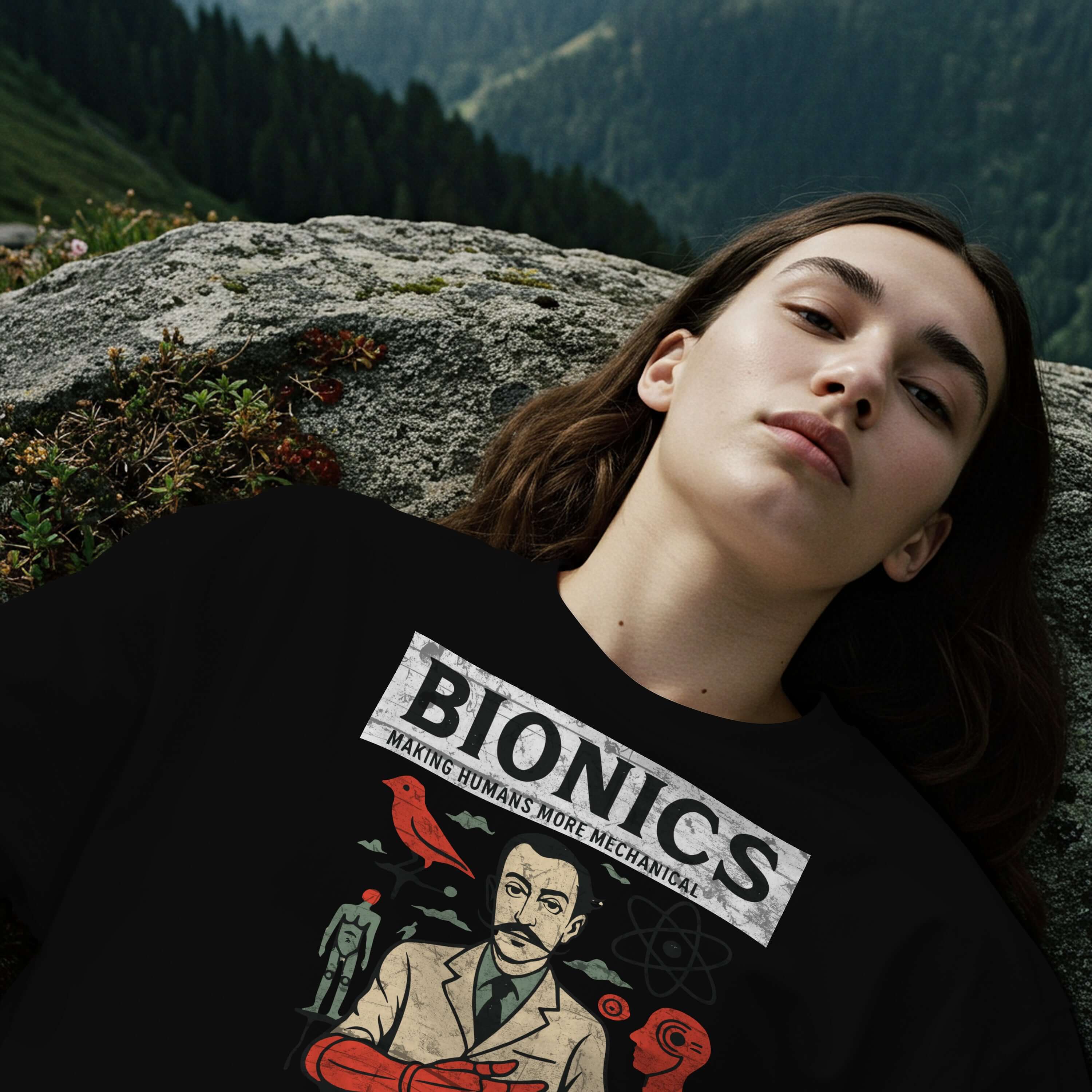 Person wearing Bionics T-Shirt with cybernetic vintage design, lying on a rock in nature, blending technology and humanity