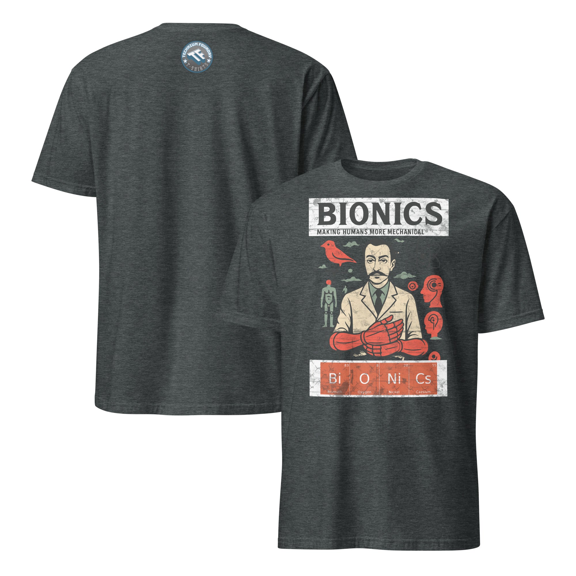 Bionics T-Shirt featuring vintage cybernetic design, celebrating human enhancement and engineering, in dark gray cotton.