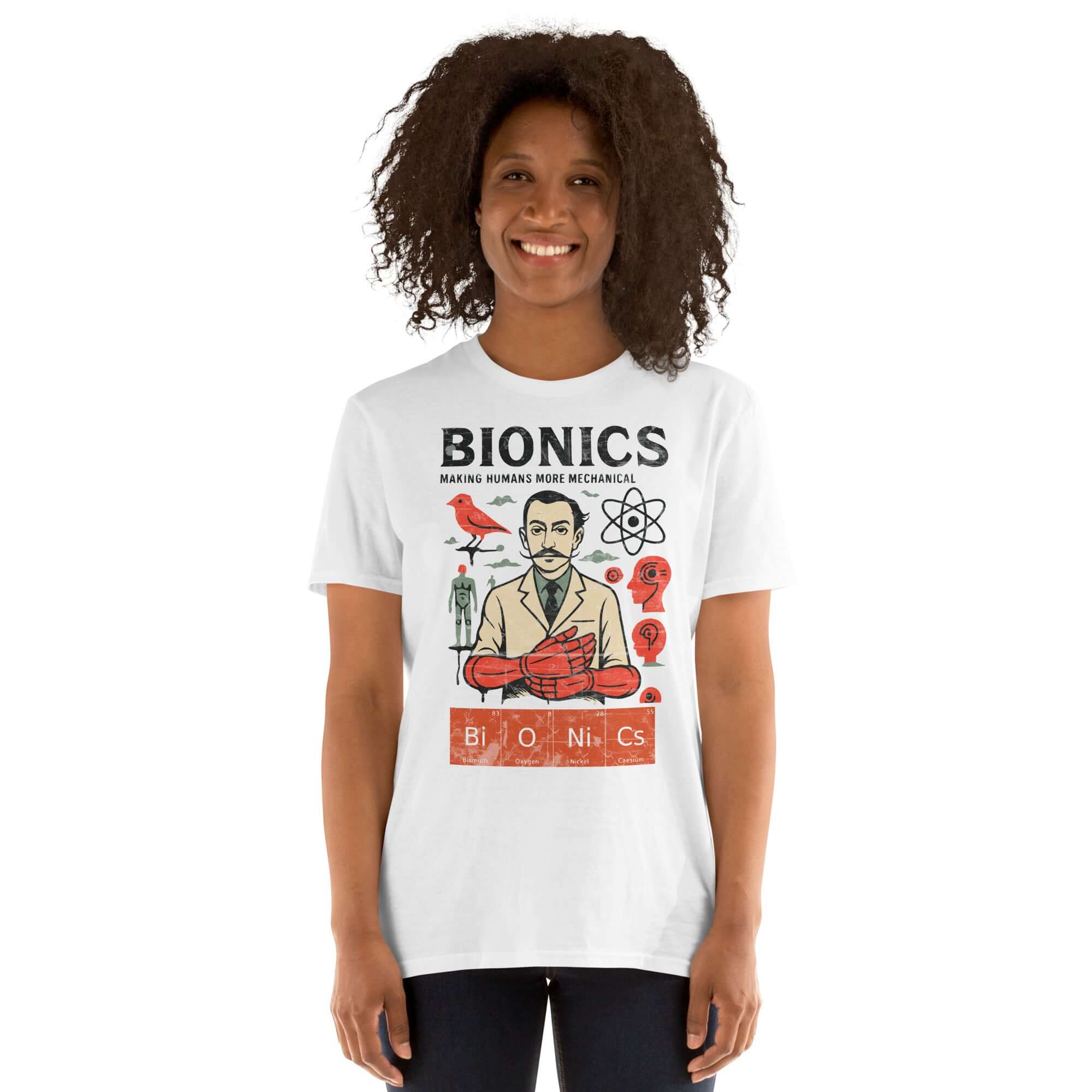 Bionics T-Shirt featuring a vintage cybernetic lab design with a scientist, gears, and robots, celebrating human enhancement.