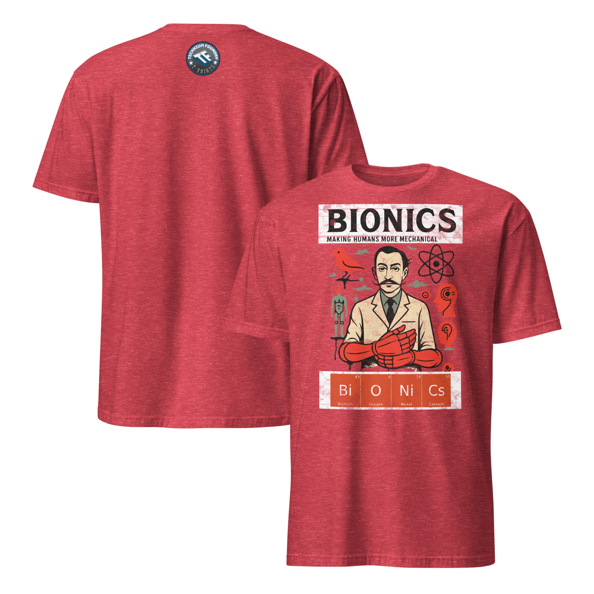 Red Bionics T-shirt featuring vintage cybernetic lab design celebrating human enhancement and mechanical innovation.