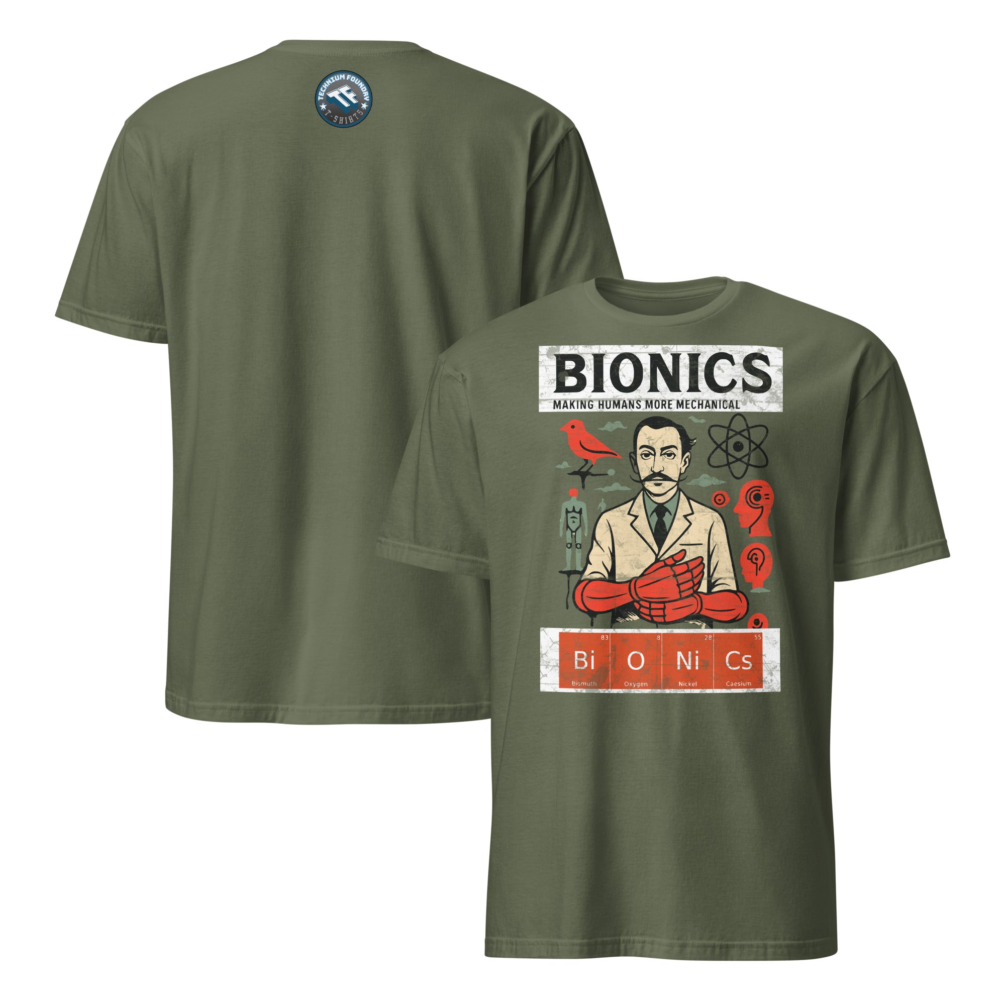 Bionics T-shirt with retro design celebrating human enhancement and cybernetic innovation in olive green color.