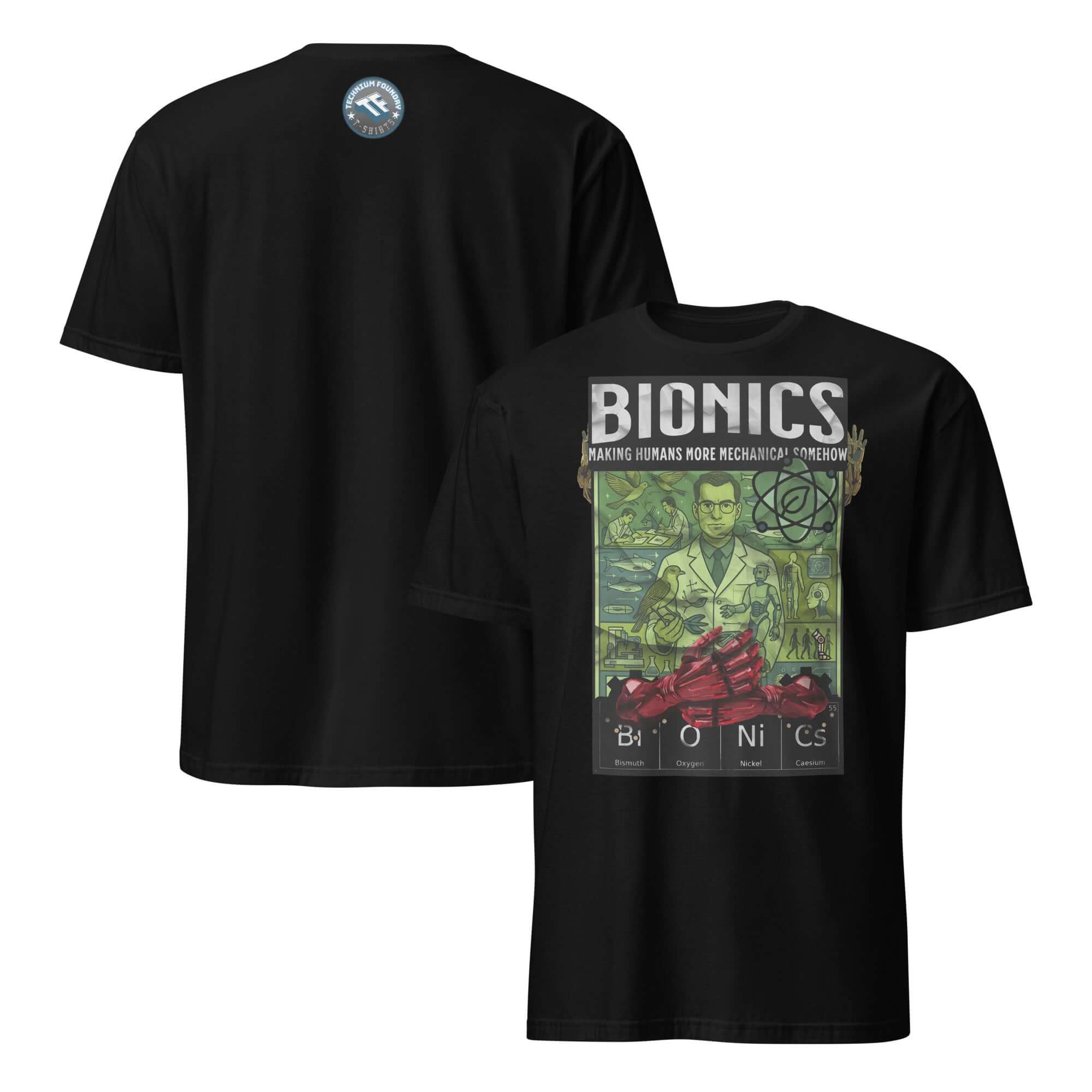 Bionics T-Shirt featuring vintage lab design with researcher and mechanical imagery, showcasing future of human enhancement.