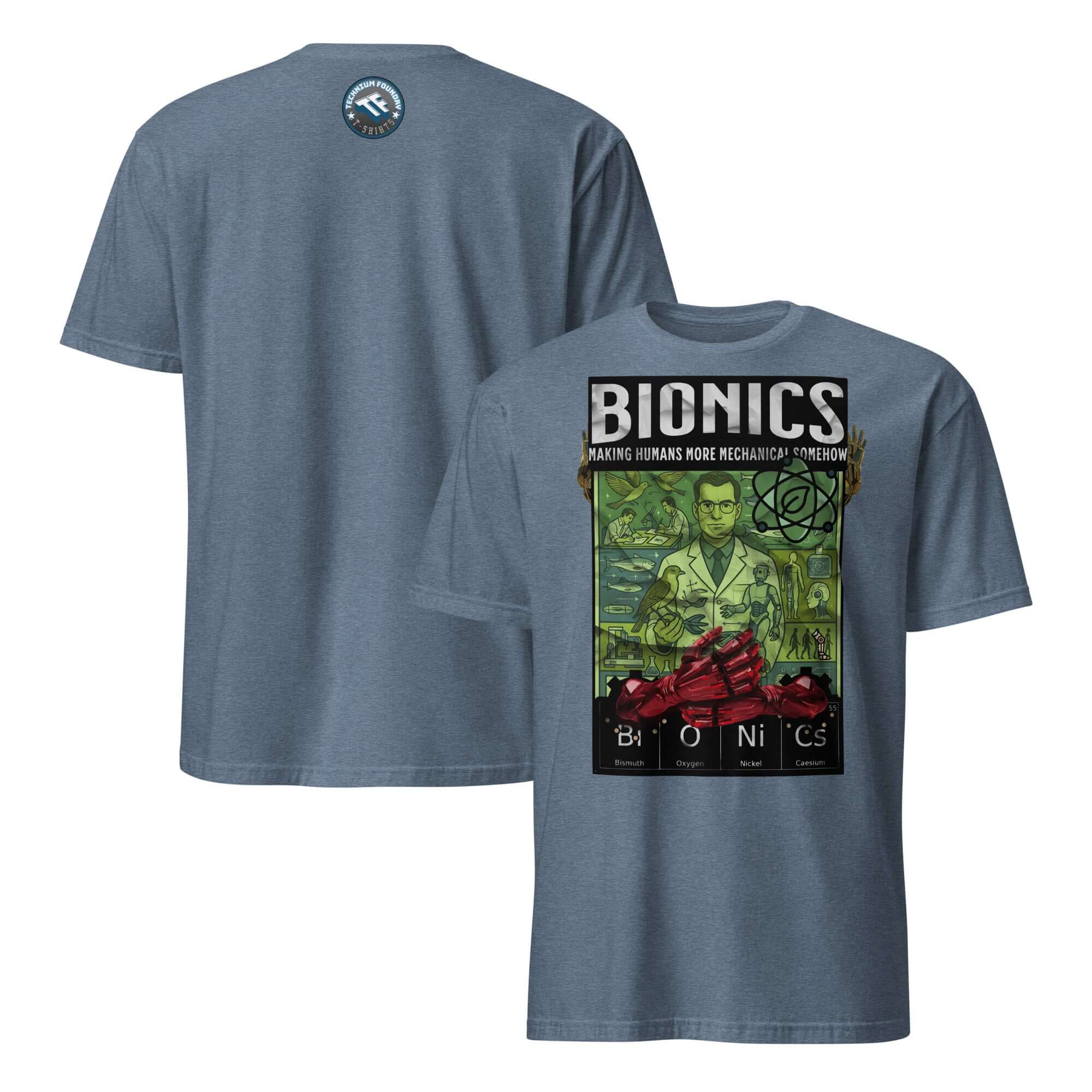 Bionics T-Shirt with retro poster of bioengineering researcher, featuring text 'Making Humans More Mechanical Somehow'