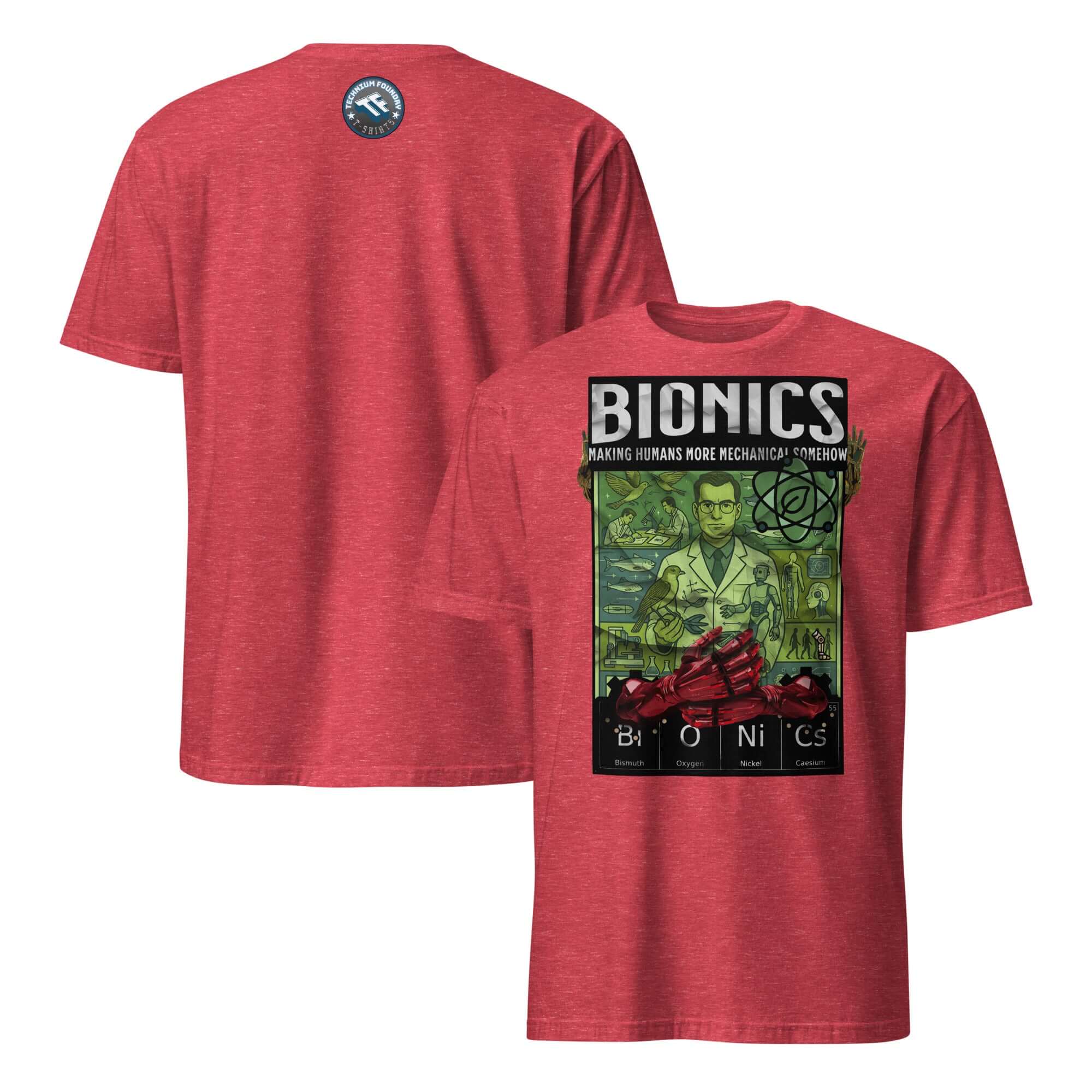 Bionics T-Shirt featuring vintage bioengineering lab poster, red color, "Making Humans More Mechanical Somehow" design