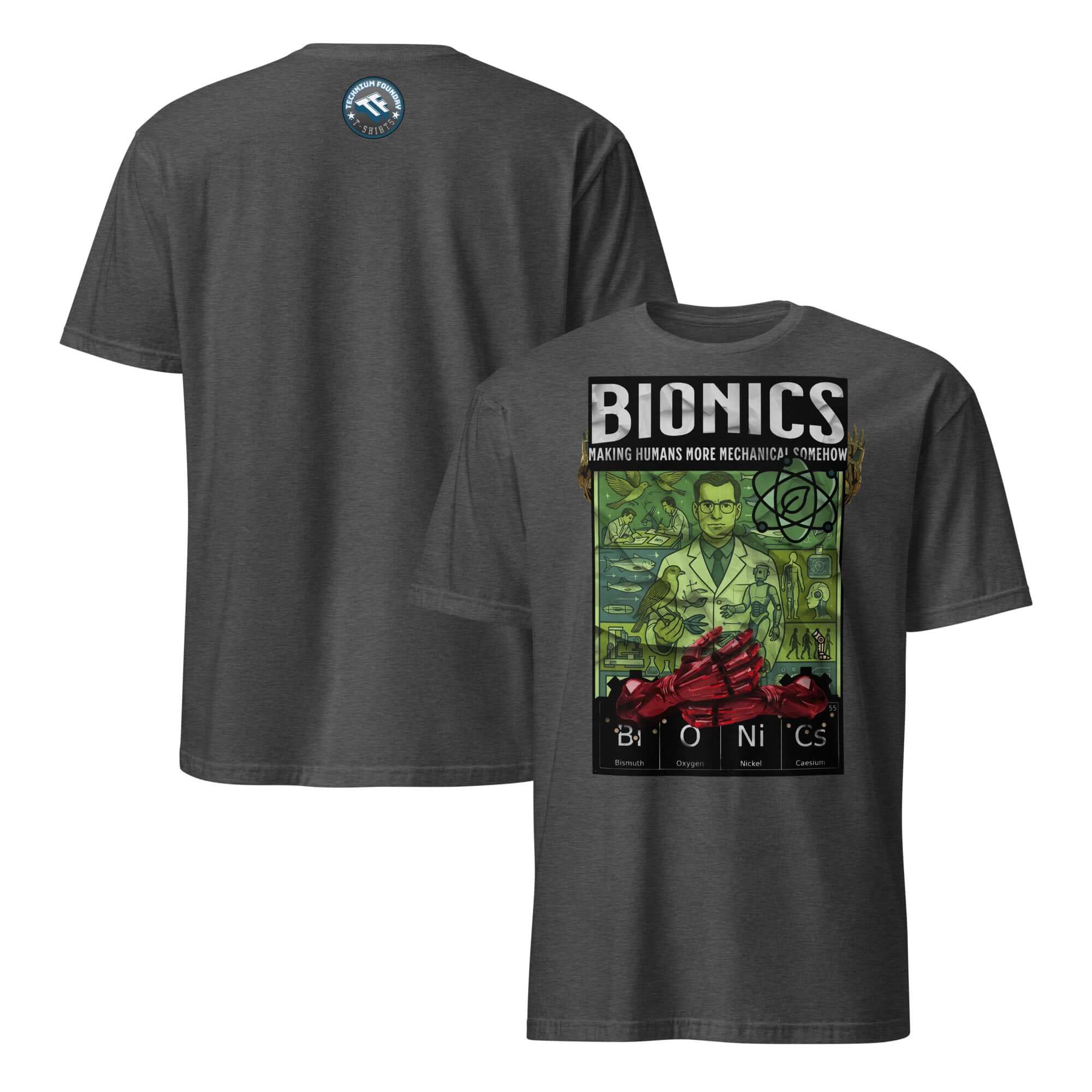 Bionics T-Shirt featuring a vintage scientific poster design, celebrating bioengineering with retro artwork. Ideal for human enhancement enthusiasts.